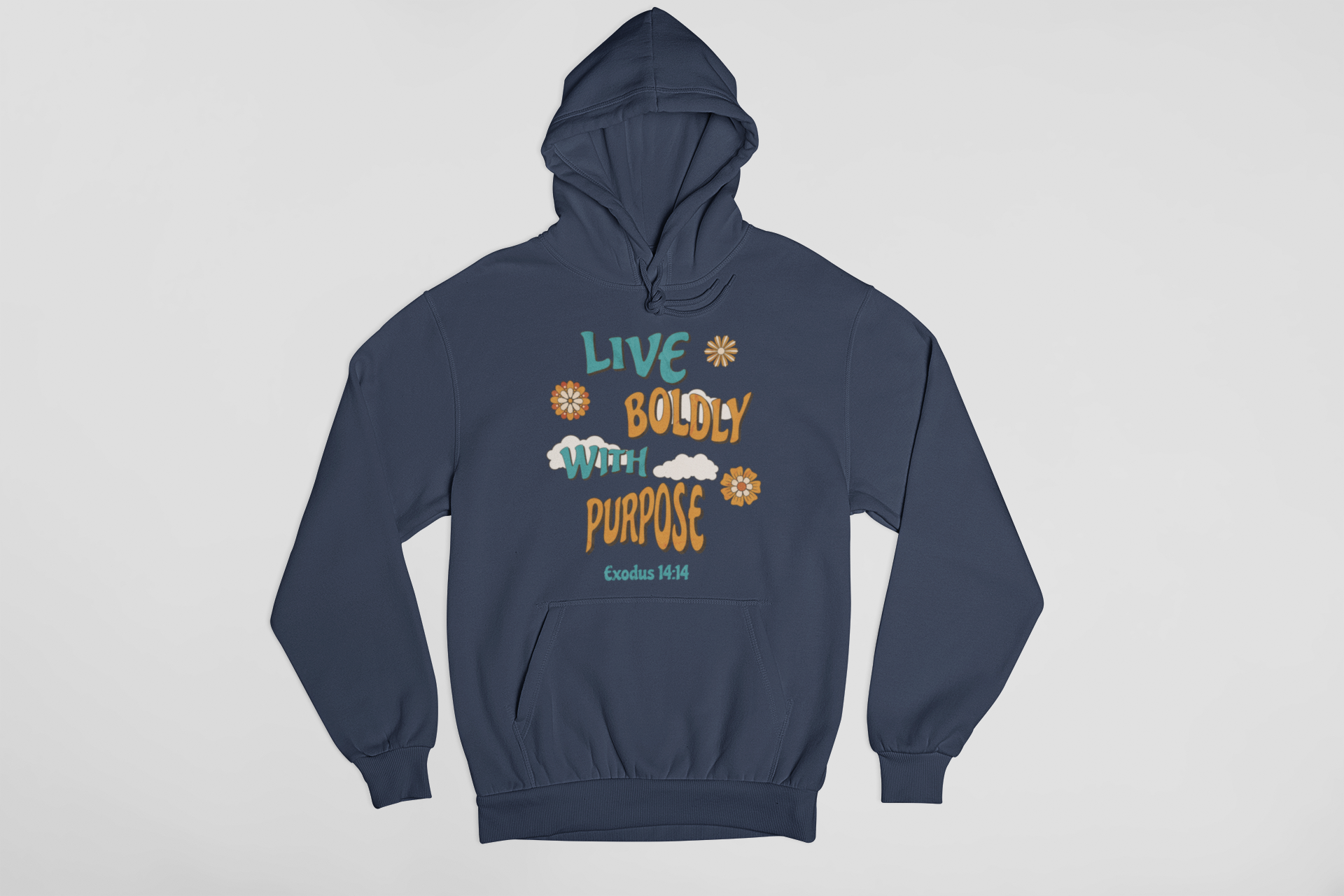 "Exodus 14:14 Christian hoodie with Live Boldly With Purpose design."
"Faith-based hoodie featuring floral retro typography and scripture."
"Inspirational Christian hoodie with Exodus 14:14 Bible verse."
"Christian pullover hoodie with a motivational faith message."
"Religious hoodie for believers, worship leaders, and Bible lovers."