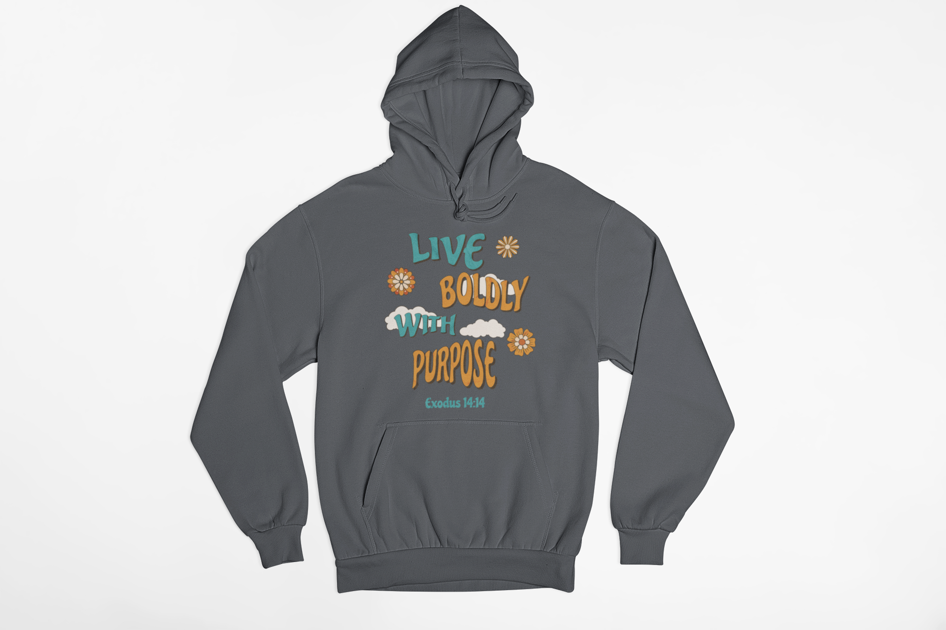 "Exodus 14:14 Christian hoodie with Live Boldly With Purpose design."
"Faith-based hoodie featuring floral retro typography and scripture."
"Inspirational Christian hoodie with Exodus 14:14 Bible verse."
"Christian pullover hoodie with a motivational faith message."
"Religious hoodie for believers, worship leaders, and Bible lovers."
