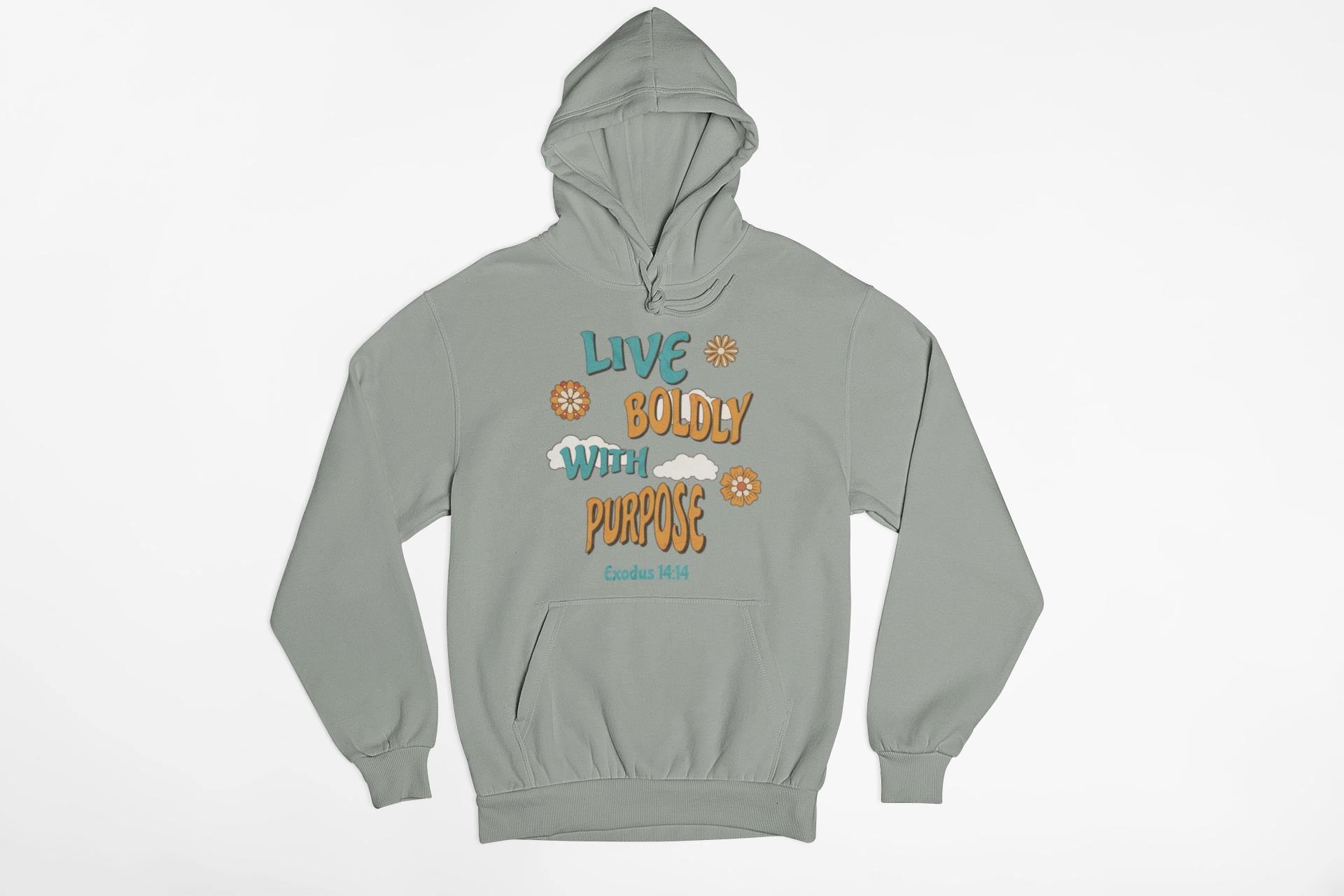 "Exodus 14:14 Christian hoodie with Live Boldly With Purpose design."
"Faith-based hoodie featuring floral retro typography and scripture."
"Inspirational Christian hoodie with Exodus 14:14 Bible verse."
"Christian pullover hoodie with a motivational faith message."
"Religious hoodie for believers, worship leaders, and Bible lovers."