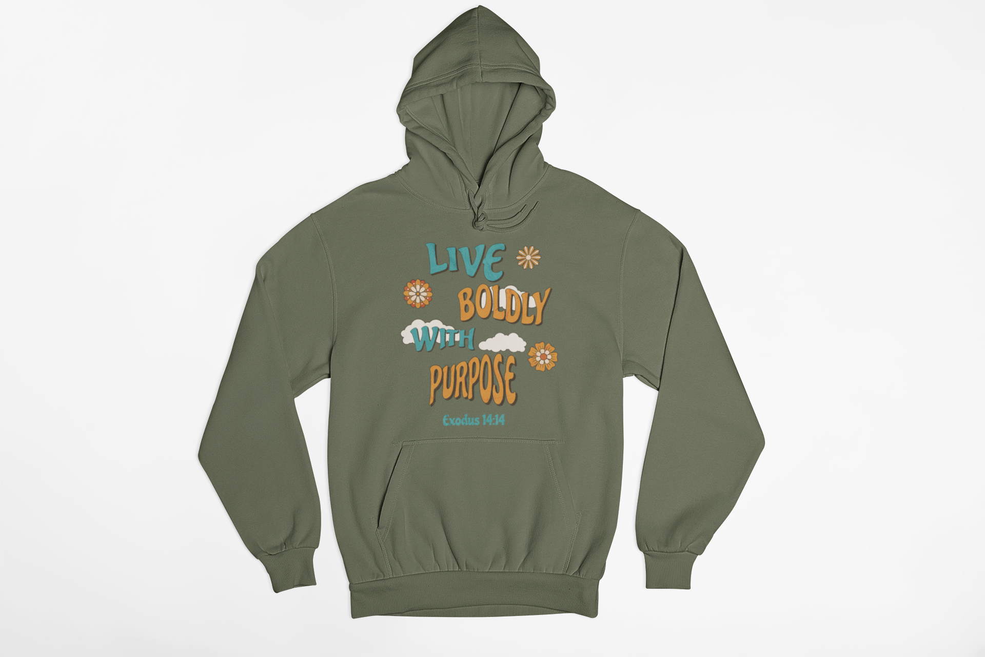 "Exodus 14:14 Christian hoodie with Live Boldly With Purpose design."
"Faith-based hoodie featuring floral retro typography and scripture."
"Inspirational Christian hoodie with Exodus 14:14 Bible verse."
"Christian pullover hoodie with a motivational faith message."
"Religious hoodie for believers, worship leaders, and Bible lovers."