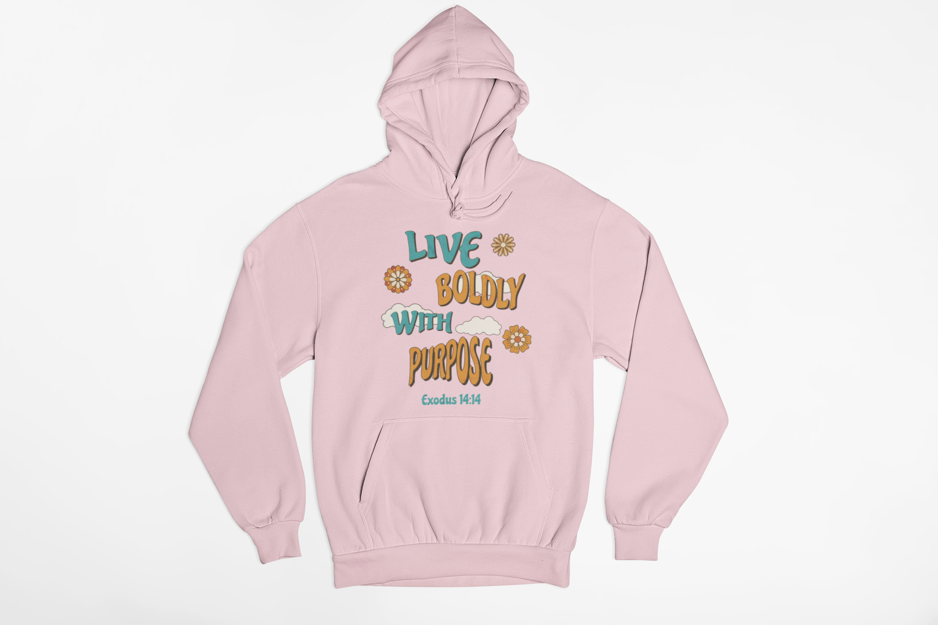 "Exodus 14:14 Christian hoodie with Live Boldly With Purpose design."
"Faith-based hoodie featuring floral retro typography and scripture."
"Inspirational Christian hoodie with Exodus 14:14 Bible verse."
"Christian pullover hoodie with a motivational faith message."
"Religious hoodie for believers, worship leaders, and Bible lovers."