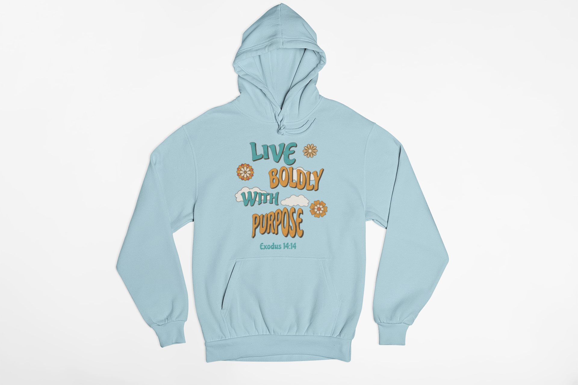 "Exodus 14:14 Christian hoodie with Live Boldly With Purpose design."
"Faith-based hoodie featuring floral retro typography and scripture."
"Inspirational Christian hoodie with Exodus 14:14 Bible verse."
"Christian pullover hoodie with a motivational faith message."
"Religious hoodie for believers, worship leaders, and Bible lovers."