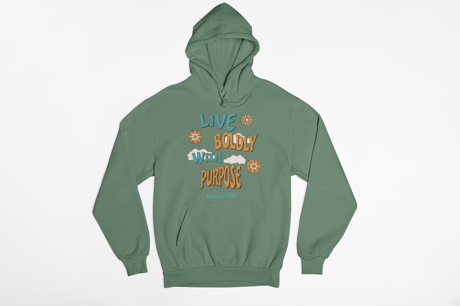 "Exodus 14:14 Christian hoodie with Live Boldly With Purpose design."
"Faith-based hoodie featuring floral retro typography and scripture."
"Inspirational Christian hoodie with Exodus 14:14 Bible verse."
"Christian pullover hoodie with a motivational faith message."
"Religious hoodie for believers, worship leaders, and Bible lovers."