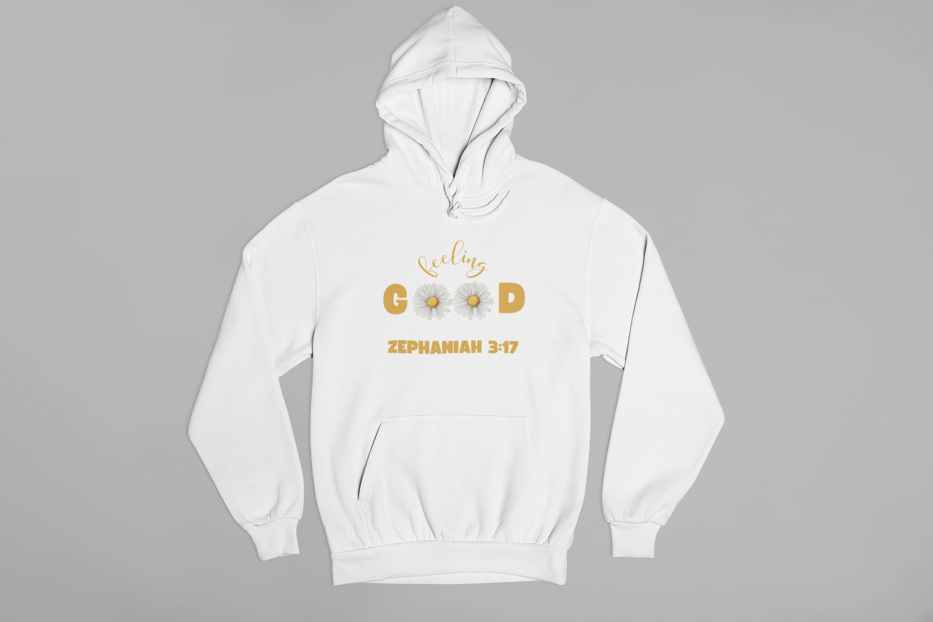 "Feeling Good Zephaniah 3:17 Christian hoodie with floral daisy accents."
"Faith-based hoodie with an uplifting message and scripture verse."
"Minimalist Christian hoodie featuring Zephaniah 3:17 and daisy designs."
"Comfortable religious hoodie perfect for worship and everyday wear."
"Inspirational Christian hoodie with a joyful message about God’s love."