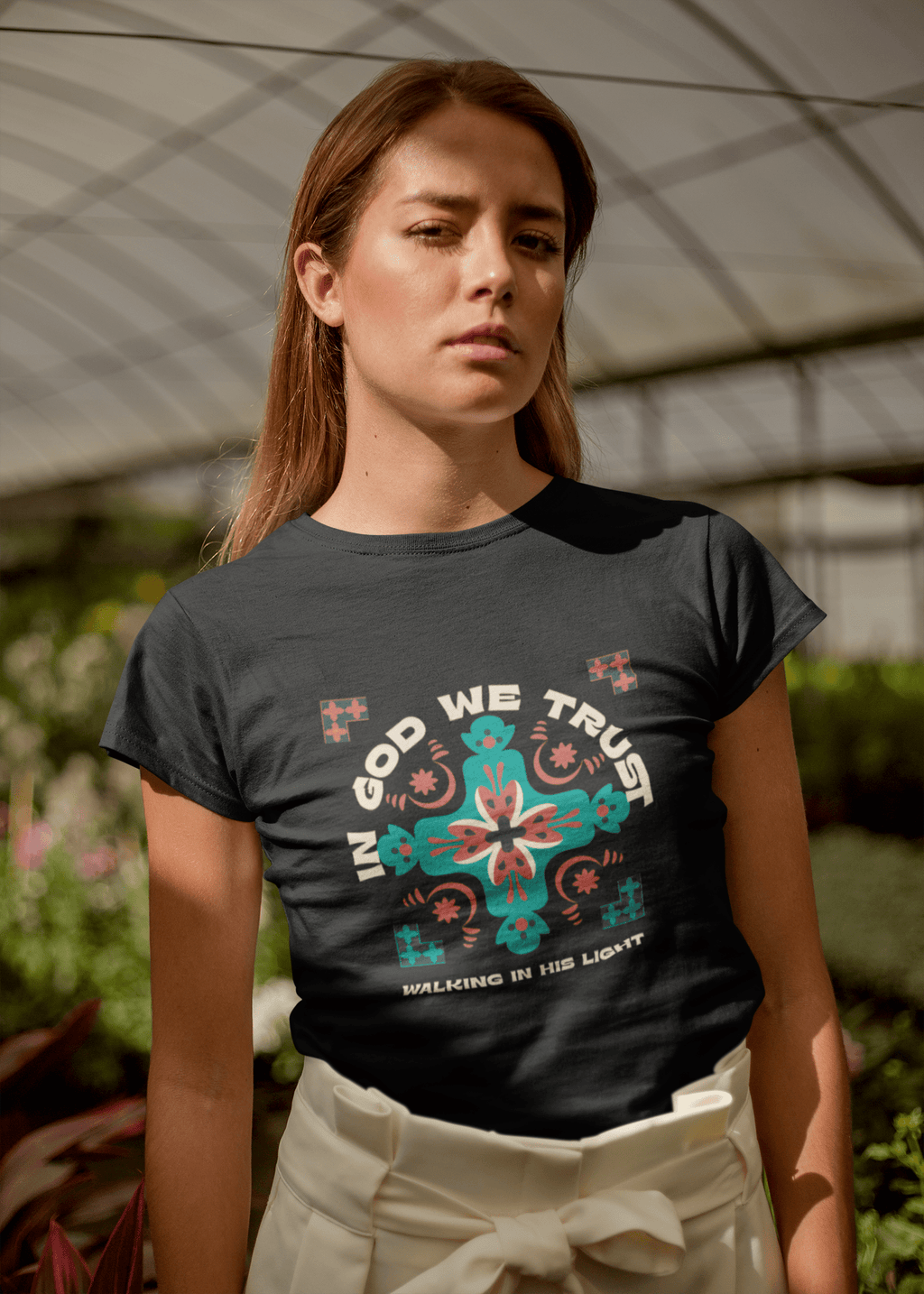 In God We Trust – Women's Relaxed T-Shirt, Walking in His Light, Faith - Inspired Cross Design | Women's T-Shirts – GodSpeed Threads