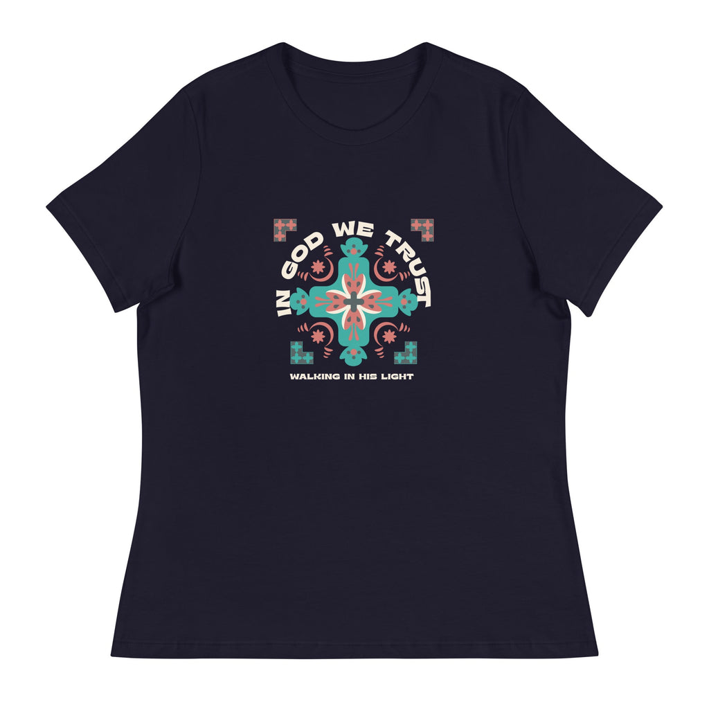In God We Trust – Women's Relaxed T-Shirt, Walking in His Light, Faith - Inspired Cross Design | Women's T-Shirts – GodSpeed Threads