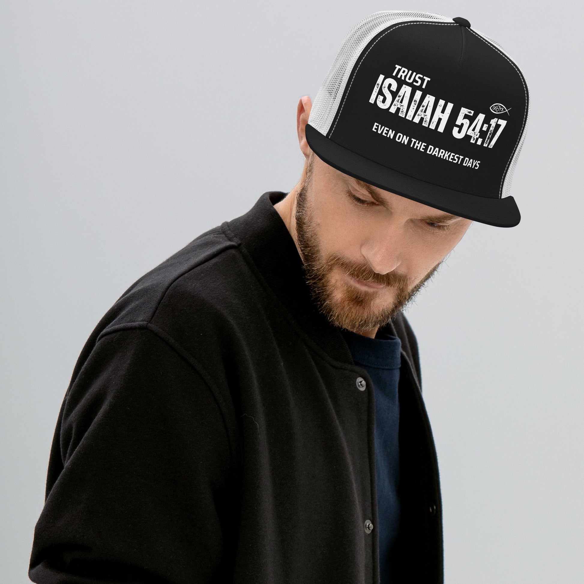 ✝️ Isaiah 54:17 “Trust Even on the Darkest Days” Trucker Snapback Hat – Bold Faith Headwear | Hats – GodSpeed Threads