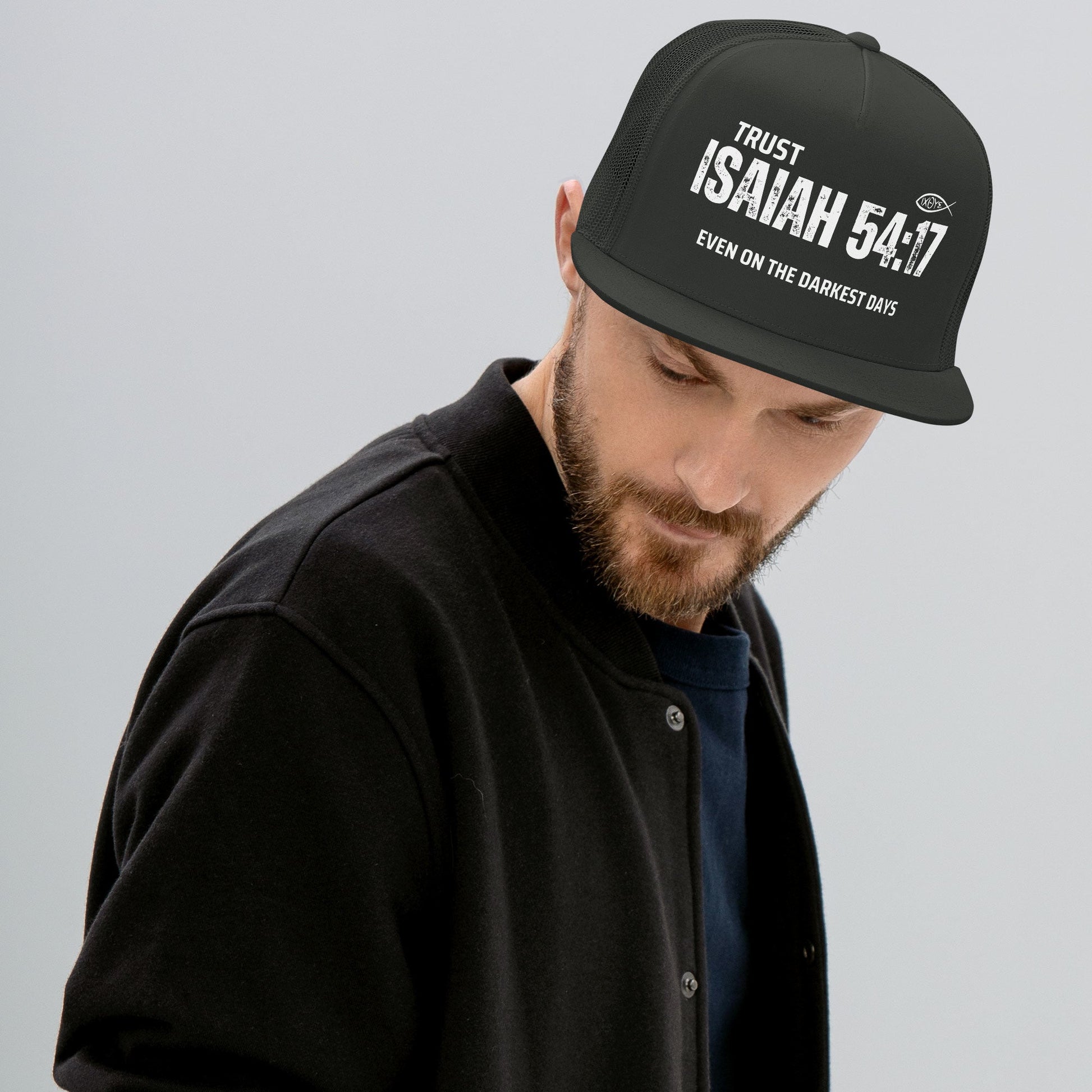✝️ Isaiah 54:17 “Trust Even on the Darkest Days” Trucker Snapback Hat – Bold Faith Headwear | Hats – GodSpeed Threads
