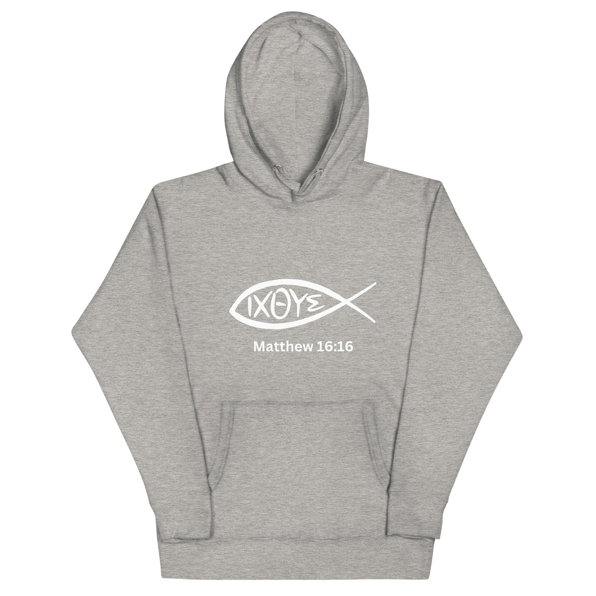 IXOYE Faith Hoodie – Matthew 16:16 | Christian Streetwear | Embroidered Jesus Fish Symbol | Unisex Hoodie | – GodSpeed Threads