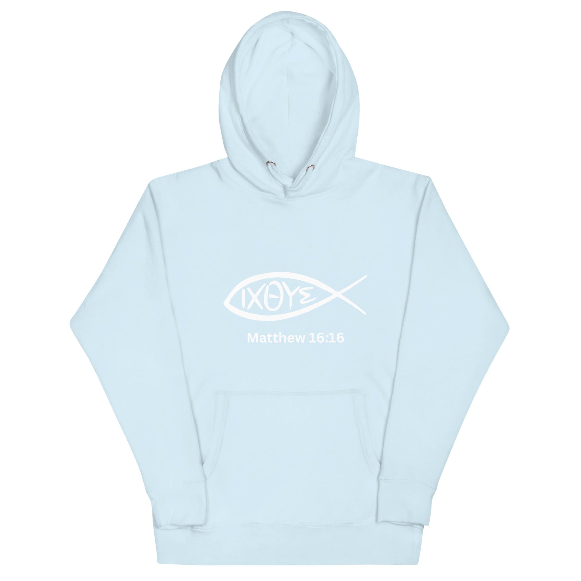 IXOYE Faith Hoodie – Matthew 16:16 | Christian Streetwear | Embroidered Jesus Fish Symbol | Unisex Hoodie | – GodSpeed Threads