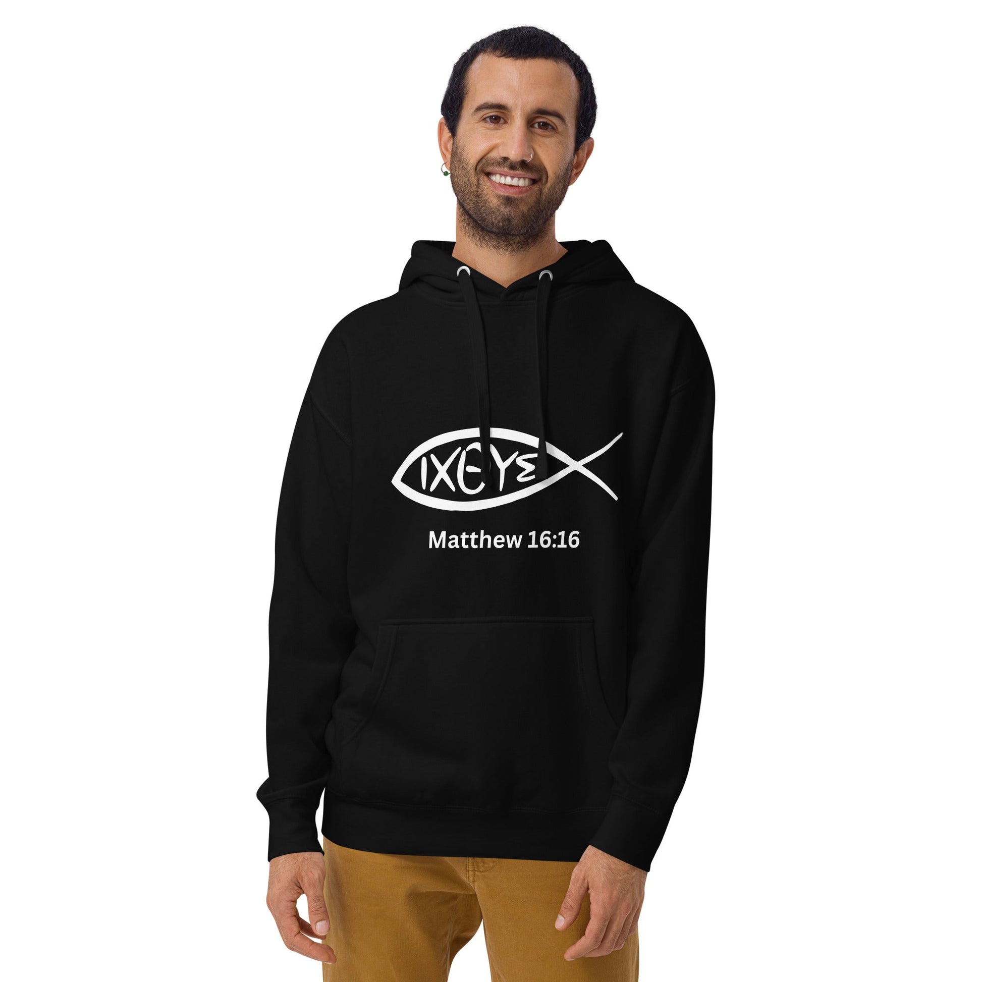 IXOYE Faith Hoodie – Matthew 16:16 | Christian Streetwear | Embroidered Jesus Fish Symbol | Unisex Hoodie | – GodSpeed Threads