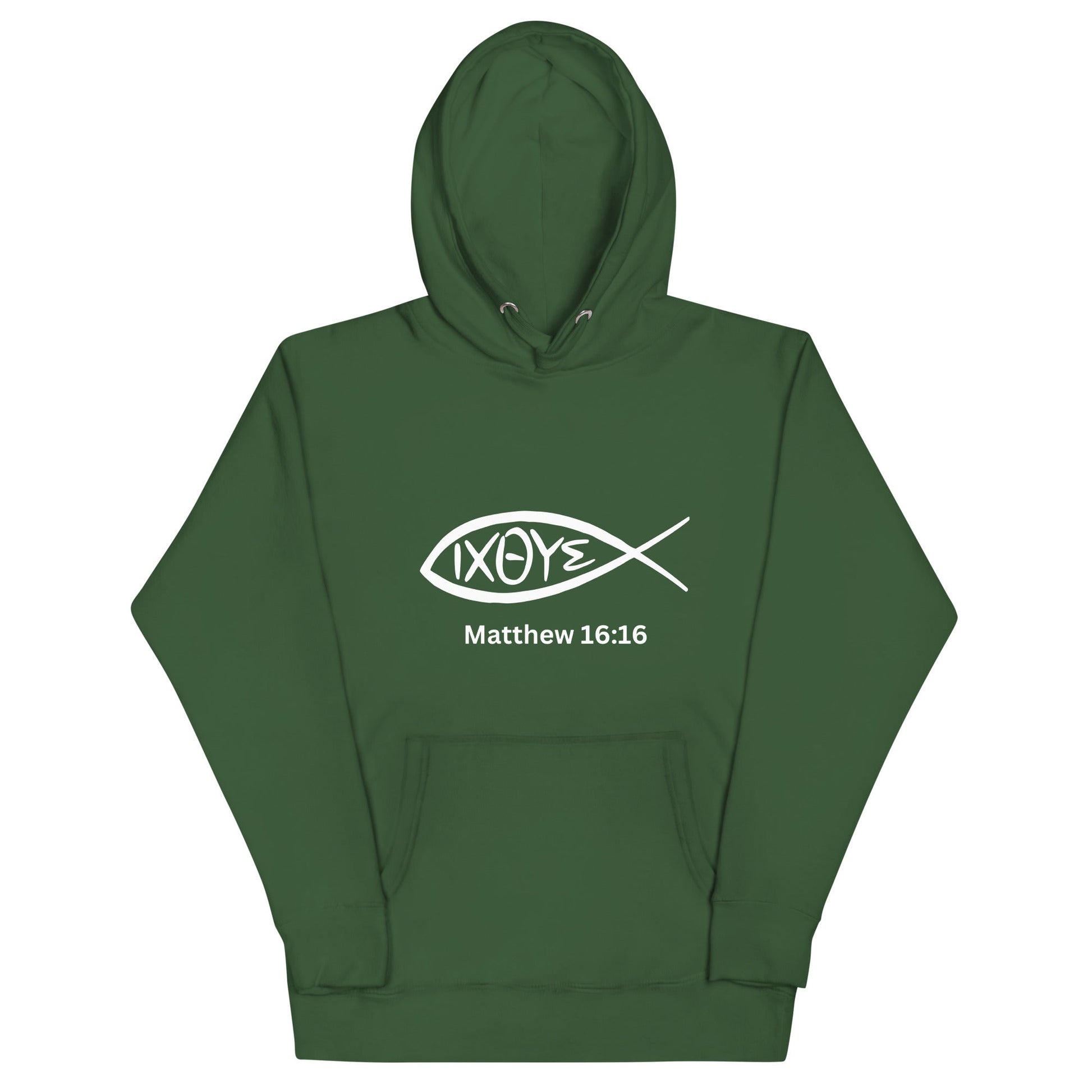 IXOYE Faith Hoodie – Matthew 16:16 | Christian Streetwear | Embroidered Jesus Fish Symbol | Unisex Hoodie | – GodSpeed Threads