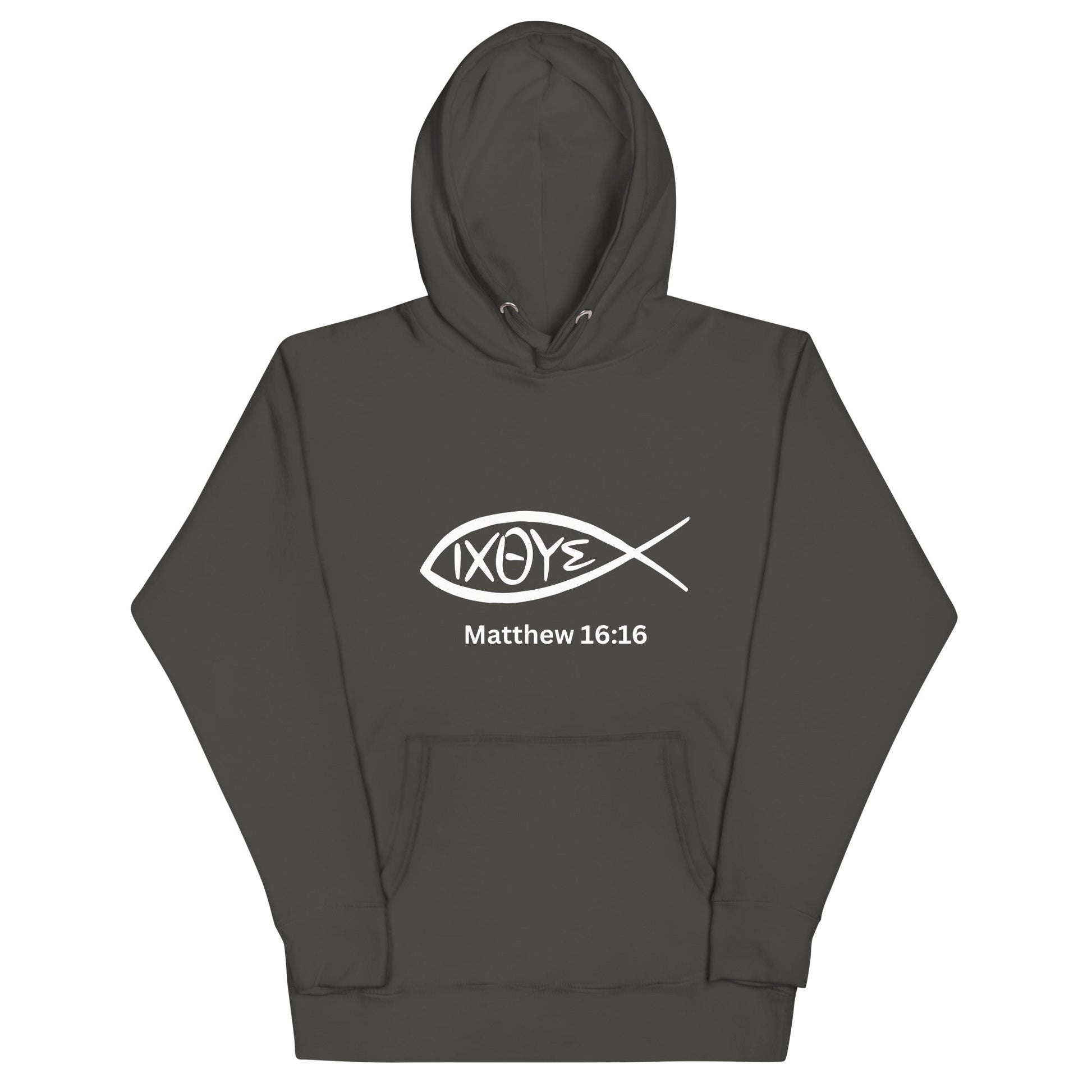 IXOYE Faith Hoodie – Matthew 16:16 | Christian Streetwear | Embroidered Jesus Fish Symbol | Unisex Hoodie | – GodSpeed Threads