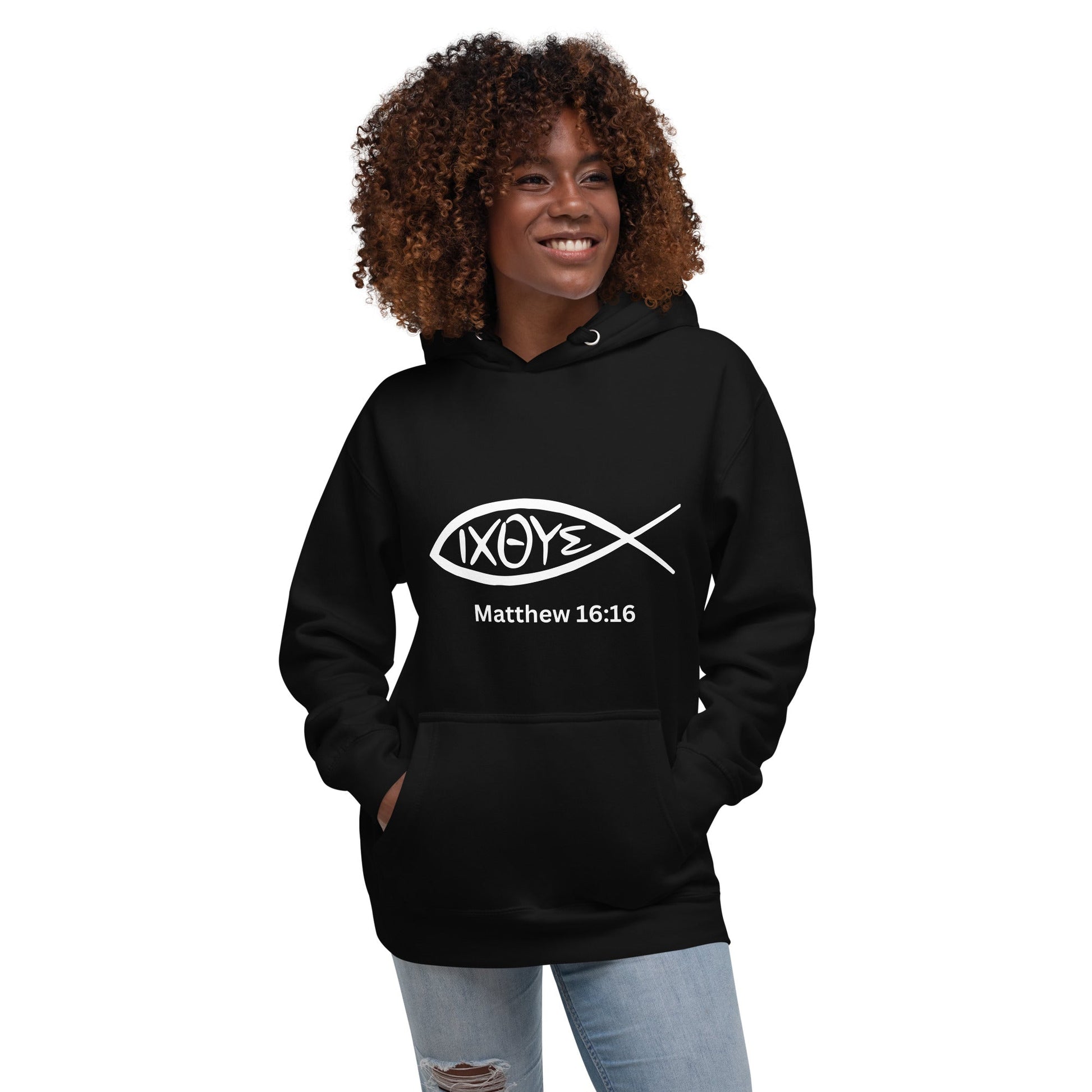 IXOYE Faith Hoodie – Matthew 16:16 | Christian Streetwear | Embroidered Jesus Fish Symbol | Unisex Hoodie | – GodSpeed Threads