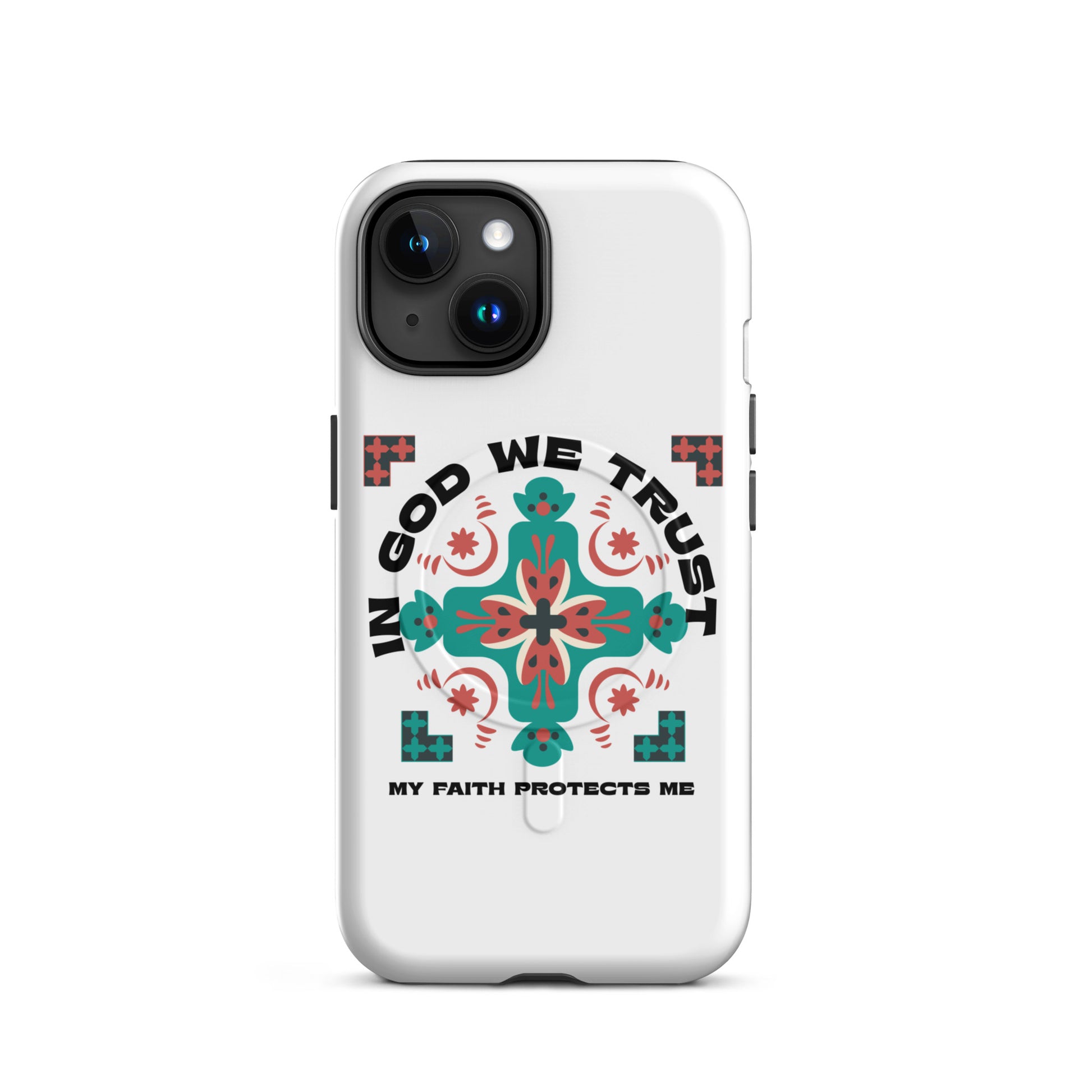 Phone case with 'In God We Trust' design on a white background