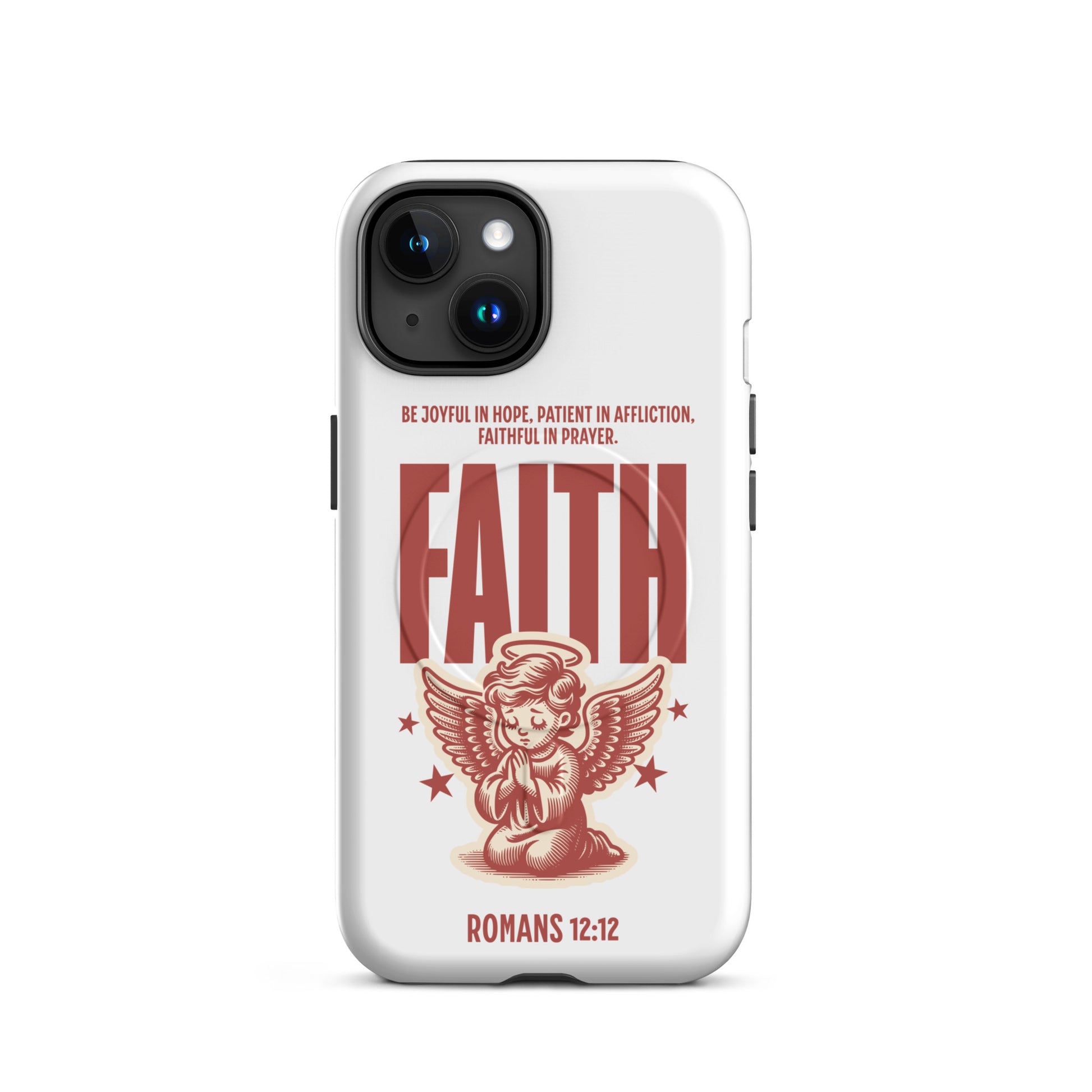 Phone case with angel design and 'FAITH' text on a white background
