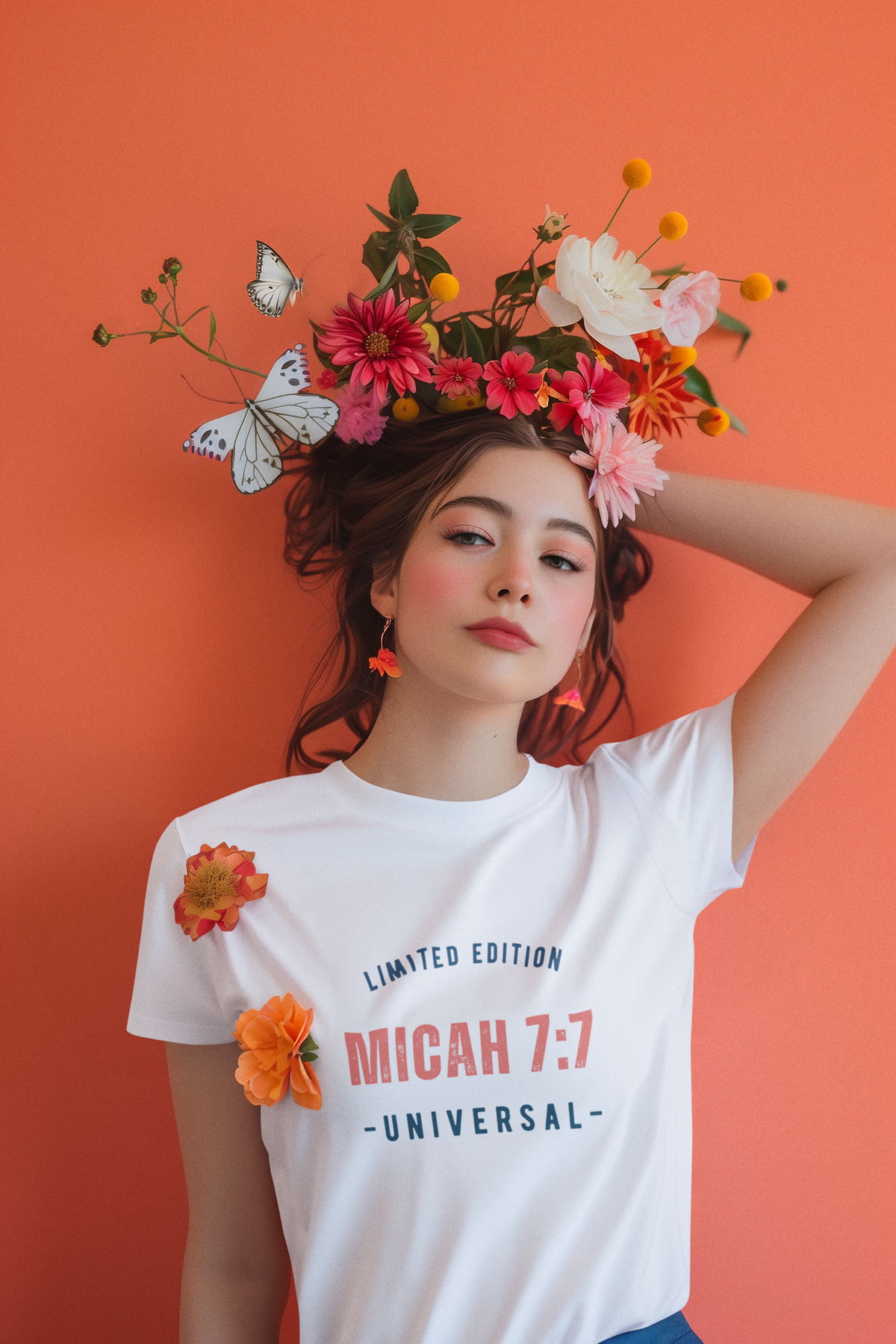 Woman wearing a floral headpiece and a white t-shirt with text against an orange background