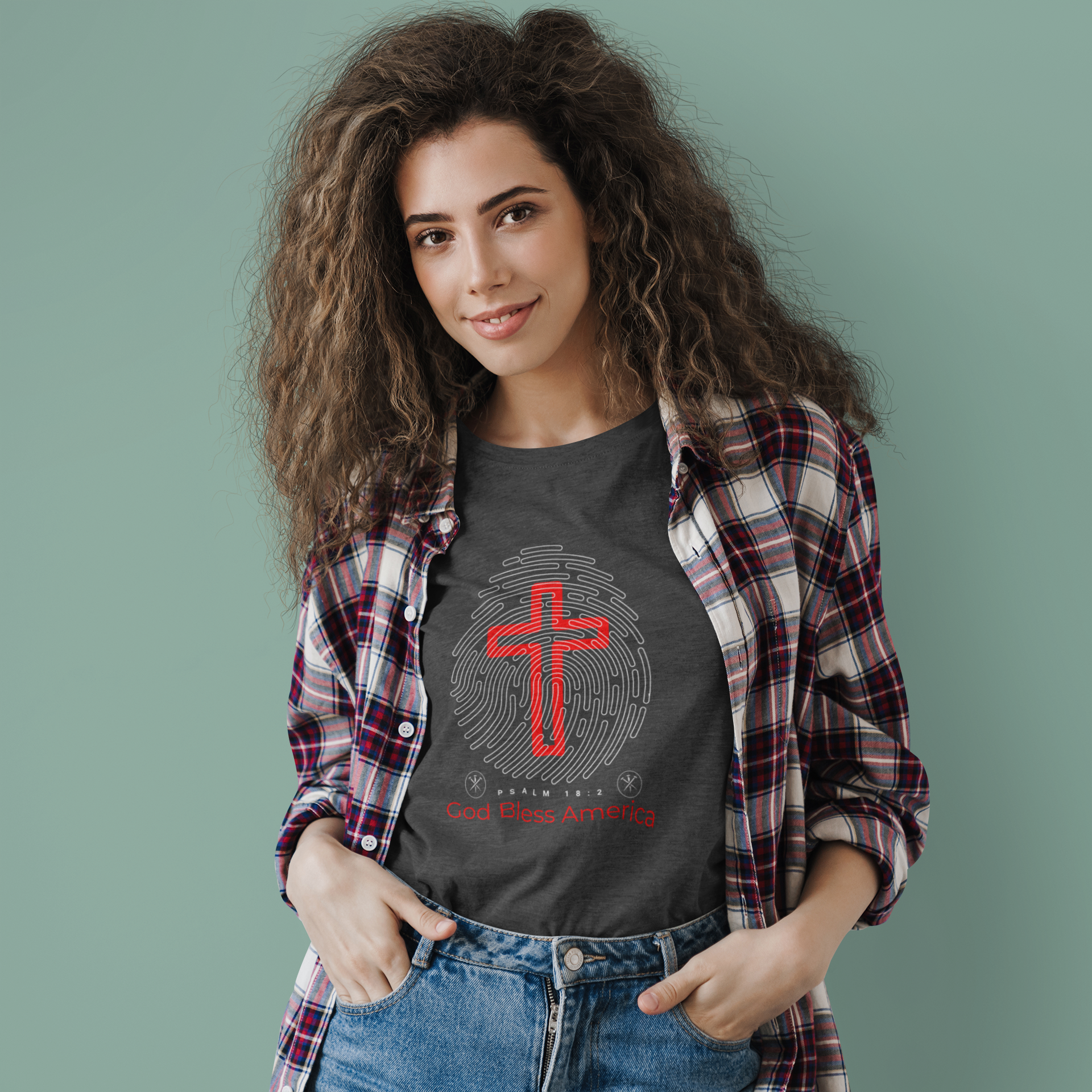 God Bless America T-Shirt – Psalm 18:2 Cross & Fingerprint Faith Tee (Unisex Fit)