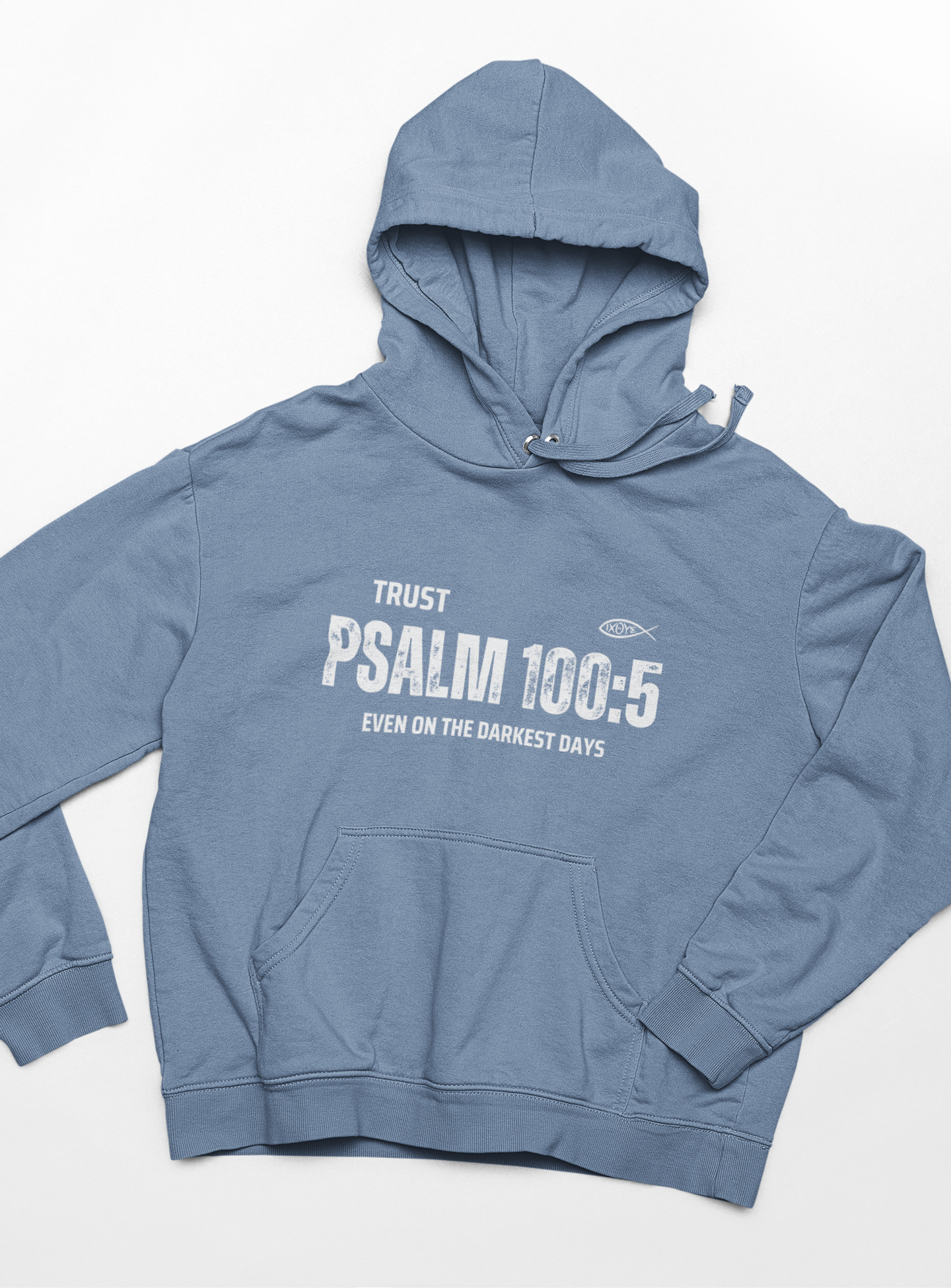 "Trust Psalm 100:5 hoodie with distressed typography design and faith message."
"Christian hoodie featuring an Ichthys symbol and a powerful verse from Psalm 100:5."
"Soft and cozy faith-based hoodie designed for believers."
"Encouraging scripture hoodie with an inspiring message about God’s love."
"Religious hoodie featuring Psalm 100:5 - Even on the Darkest Days."