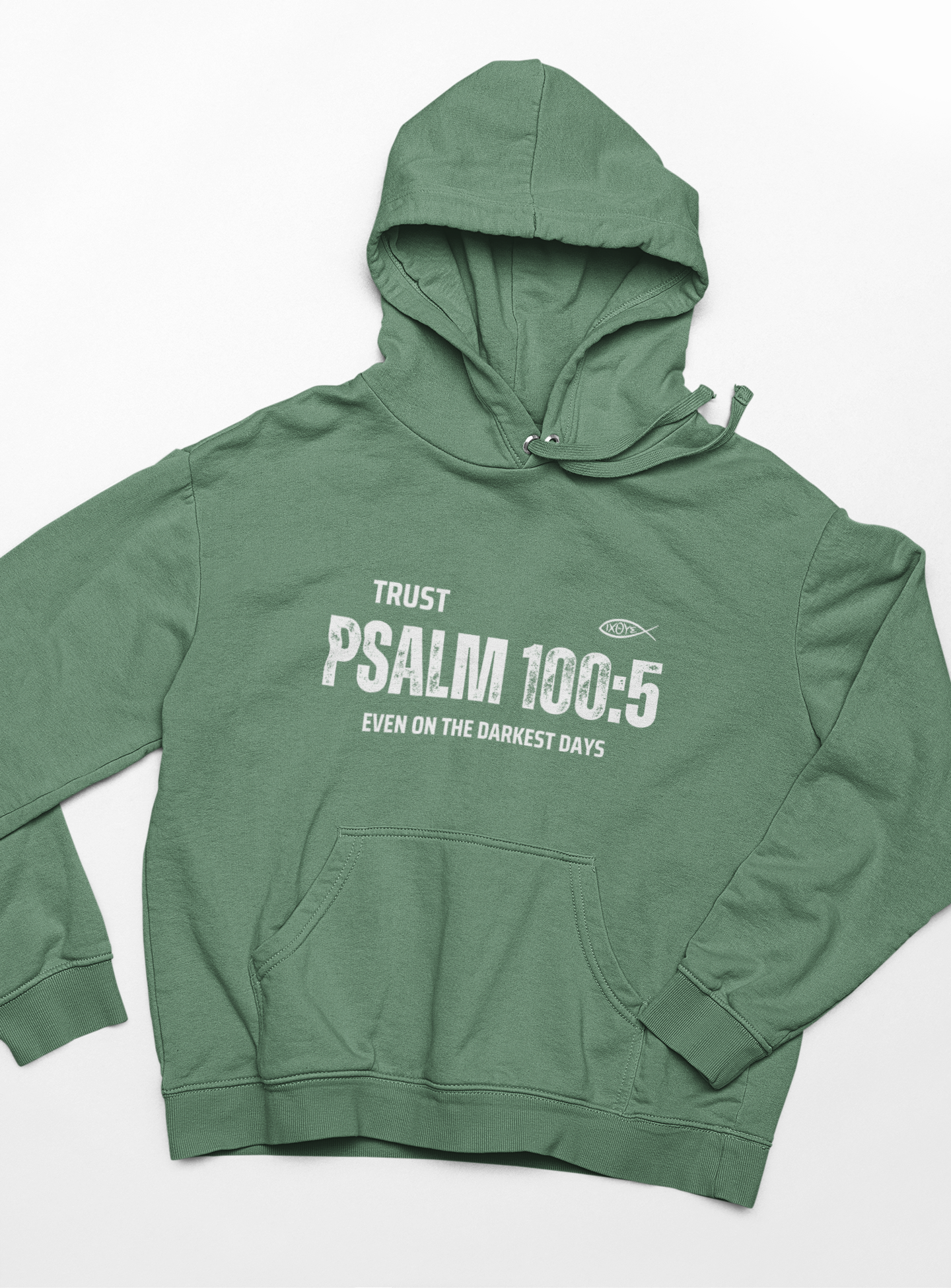 "Trust Psalm 100:5 hoodie with distressed typography design and faith message."
"Christian hoodie featuring an Ichthys symbol and a powerful verse from Psalm 100:5."
"Soft and cozy faith-based hoodie designed for believers."
"Encouraging scripture hoodie with an inspiring message about God’s love."
"Religious hoodie featuring Psalm 100:5 - Even on the Darkest Days."