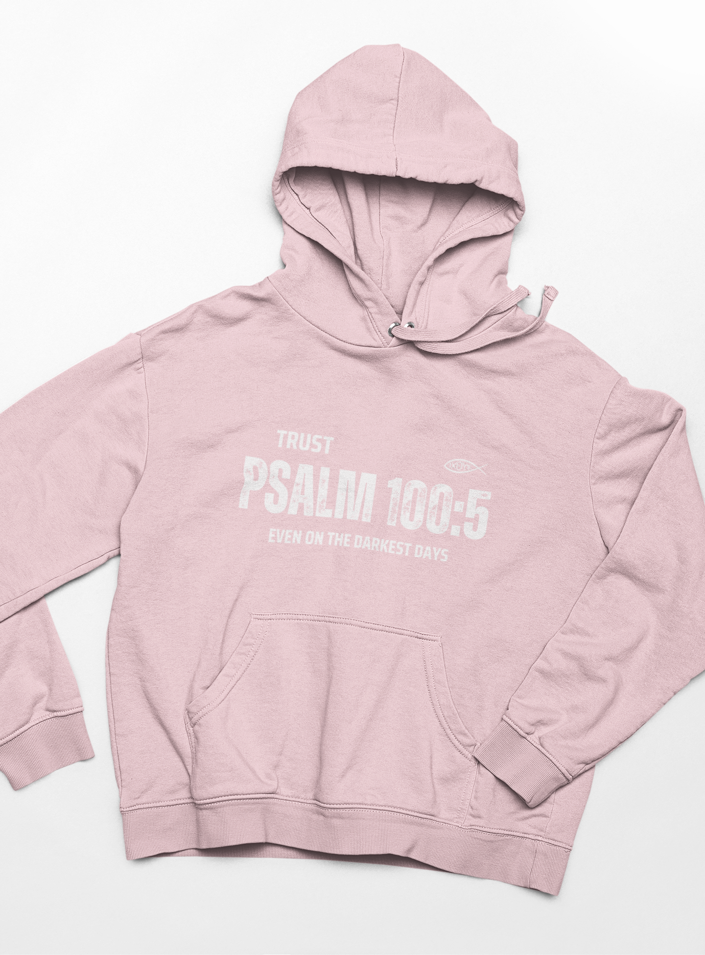 "Trust Psalm 100:5 hoodie with distressed typography design and faith message."
"Christian hoodie featuring an Ichthys symbol and a powerful verse from Psalm 100:5."
"Soft and cozy faith-based hoodie designed for believers."
"Encouraging scripture hoodie with an inspiring message about God’s love."
"Religious hoodie featuring Psalm 100:5 - Even on the Darkest Days."