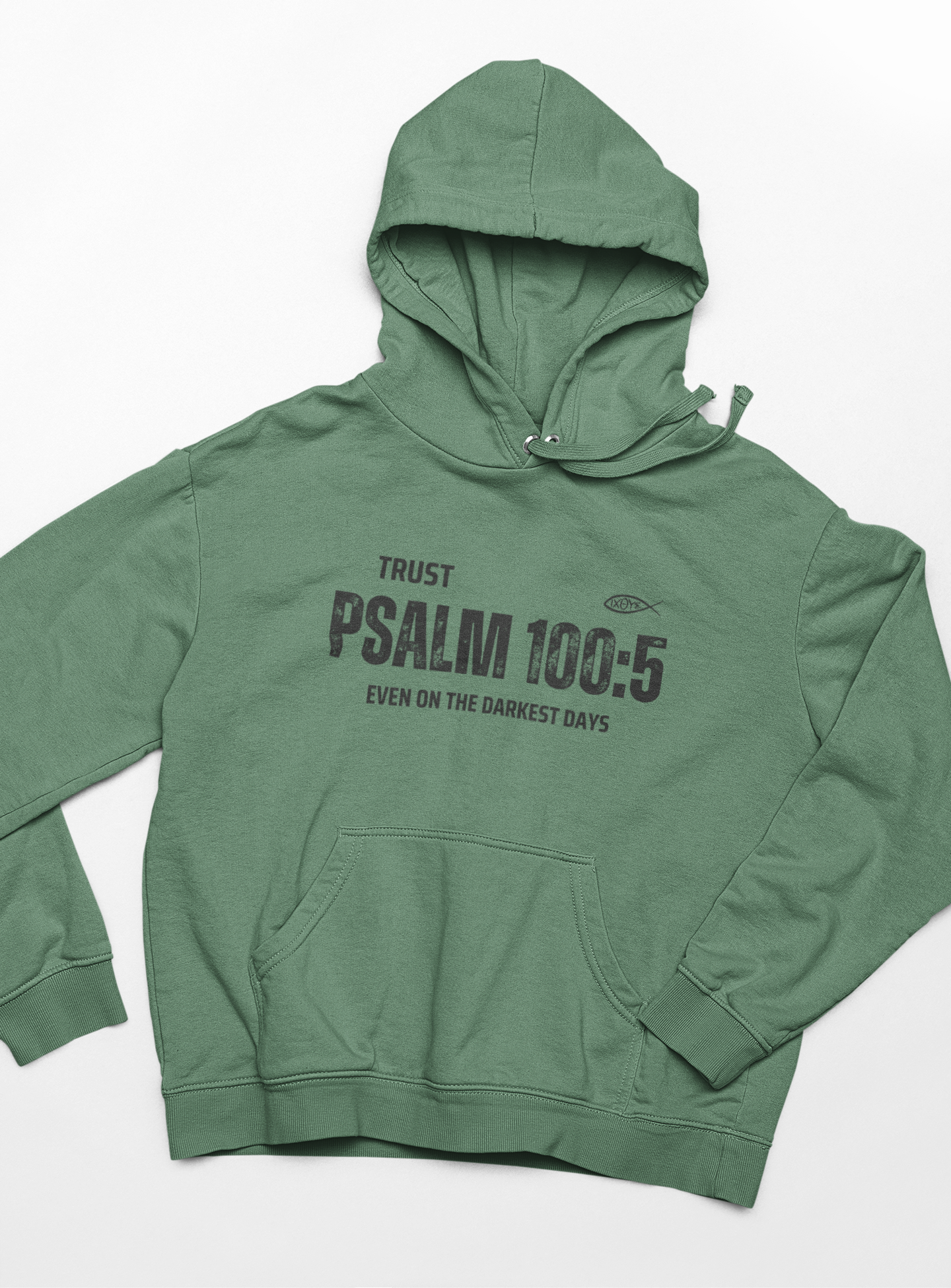 "Trust Psalm 100:5 hoodie with distressed typography design and faith message."
"Christian hoodie featuring an Ichthys symbol and a powerful verse from Psalm 100:5."
"Soft and cozy faith-based hoodie designed for believers."
"Encouraging scripture hoodie with an inspiring message about God’s love."
"Religious hoodie featuring Psalm 100:5 - Even on the Darkest Days."