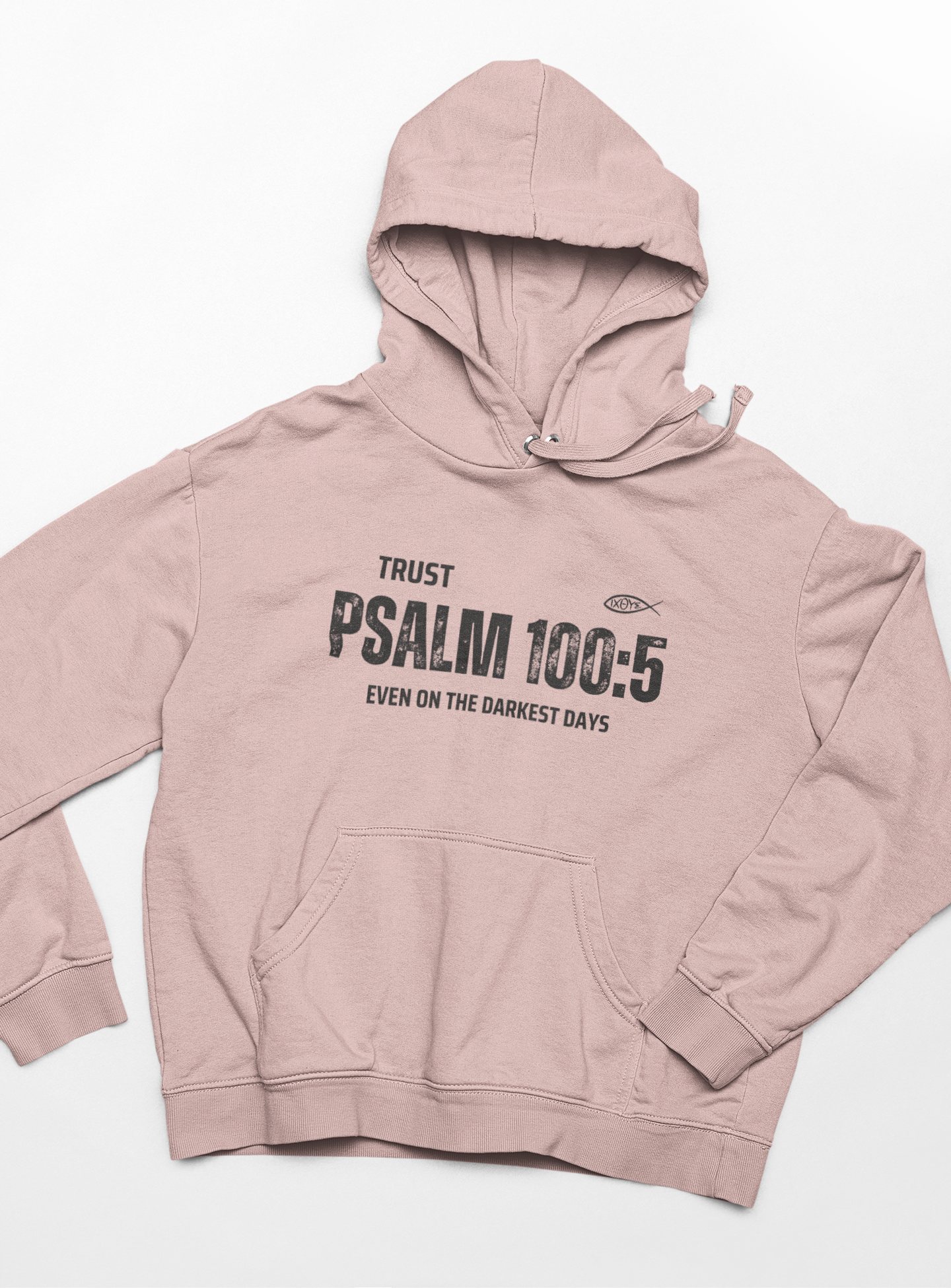 "Trust Psalm 100:5 hoodie with distressed typography design and faith message."
"Christian hoodie featuring an Ichthys symbol and a powerful verse from Psalm 100:5."
"Soft and cozy faith-based hoodie designed for believers."
"Encouraging scripture hoodie with an inspiring message about God’s love."
"Religious hoodie featuring Psalm 100:5 - Even on the Darkest Days."