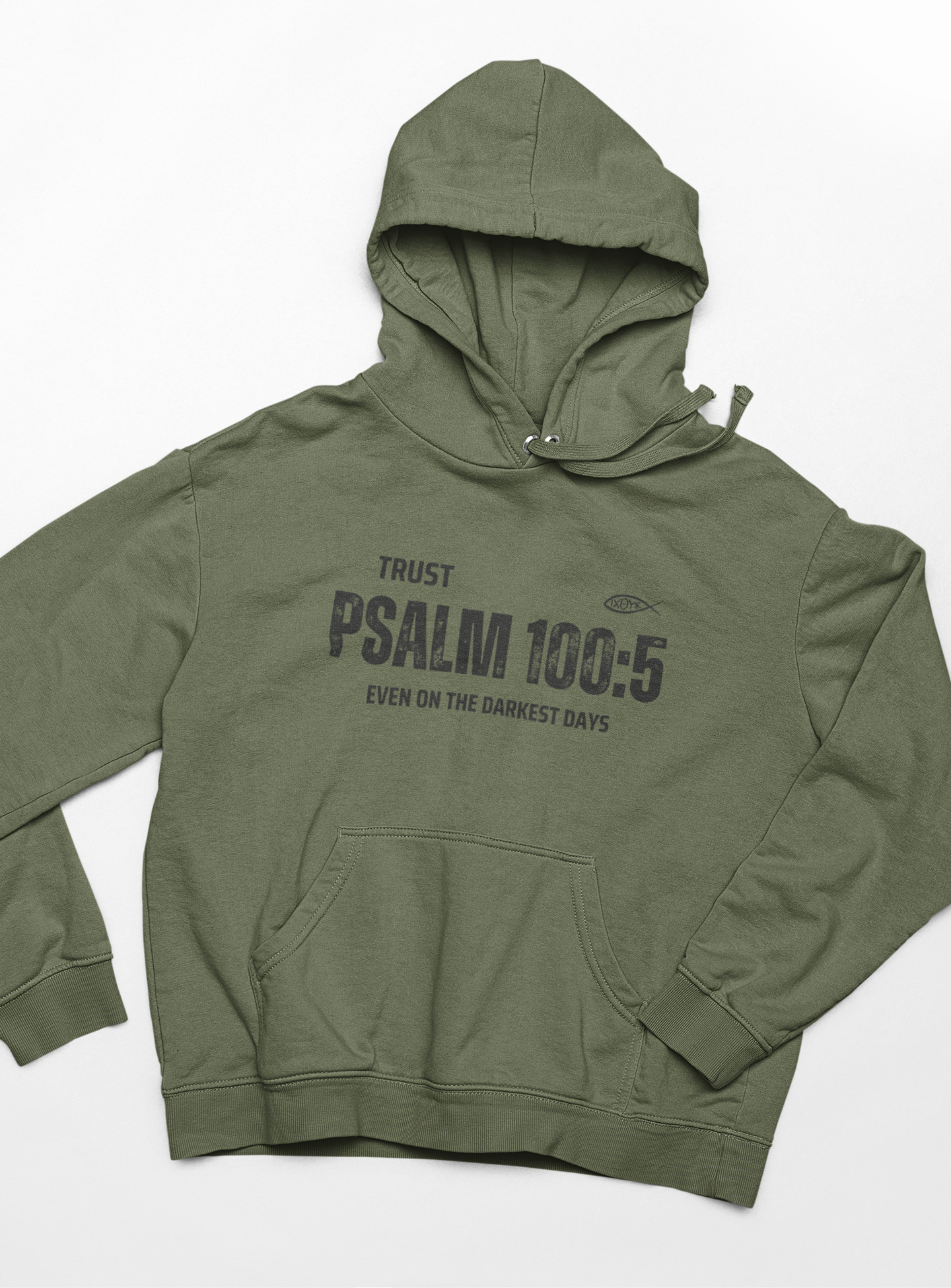 "Trust Psalm 100:5 hoodie with distressed typography design and faith message."
"Christian hoodie featuring an Ichthys symbol and a powerful verse from Psalm 100:5."
"Soft and cozy faith-based hoodie designed for believers."
"Encouraging scripture hoodie with an inspiring message about God’s love."
"Religious hoodie featuring Psalm 100:5 - Even on the Darkest Days."