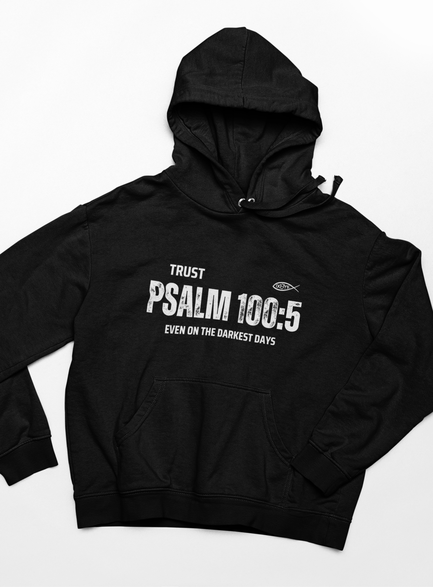"Trust Psalm 100:5 hoodie with distressed typography design and faith message."
"Christian hoodie featuring an Ichthys symbol and a powerful verse from Psalm 100:5."
"Soft and cozy faith-based hoodie designed for believers."
"Encouraging scripture hoodie with an inspiring message about God’s love."
"Religious hoodie featuring Psalm 100:5 - Even on the Darkest Days."