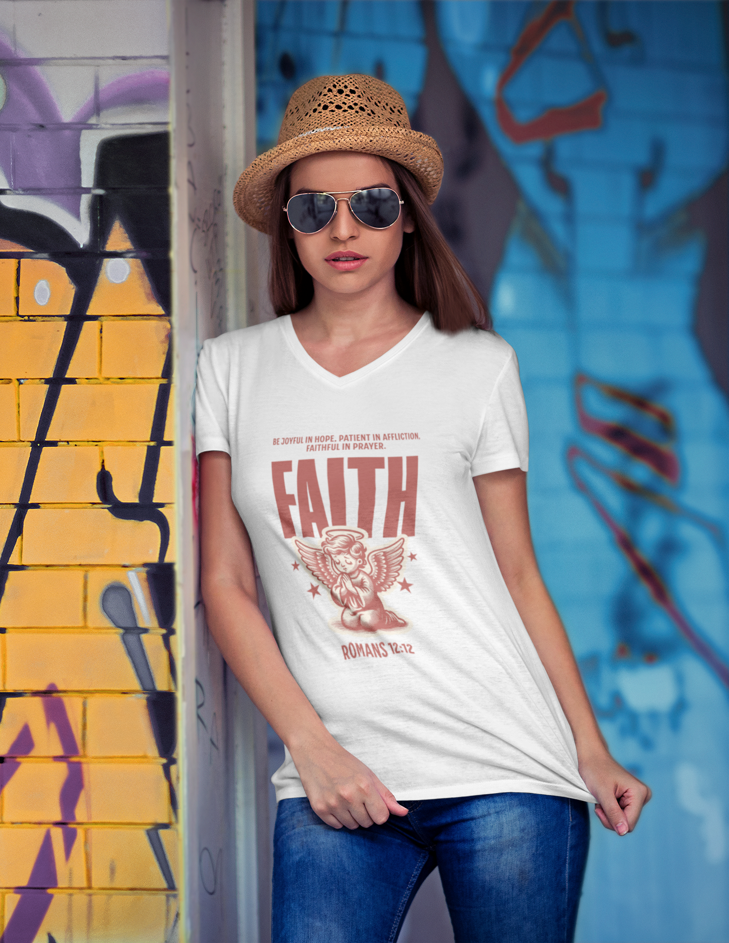 Faith Romans 12:12 Christian T-Shirt – Inspirational Angel Design