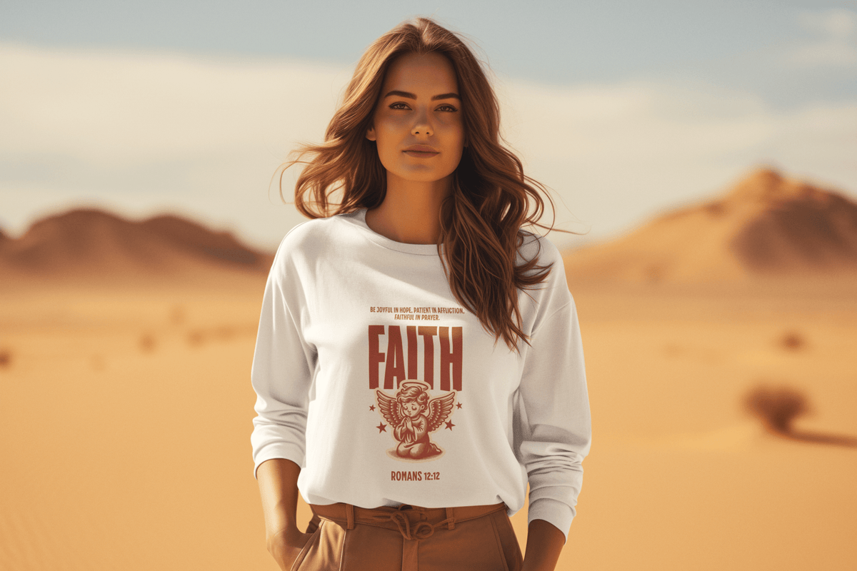 ⭐ Romans 12:12 Angel Faith Sweatshirt – Be Joyful, Patient, and Faithful | sweatshirts – GodSpeed Threads