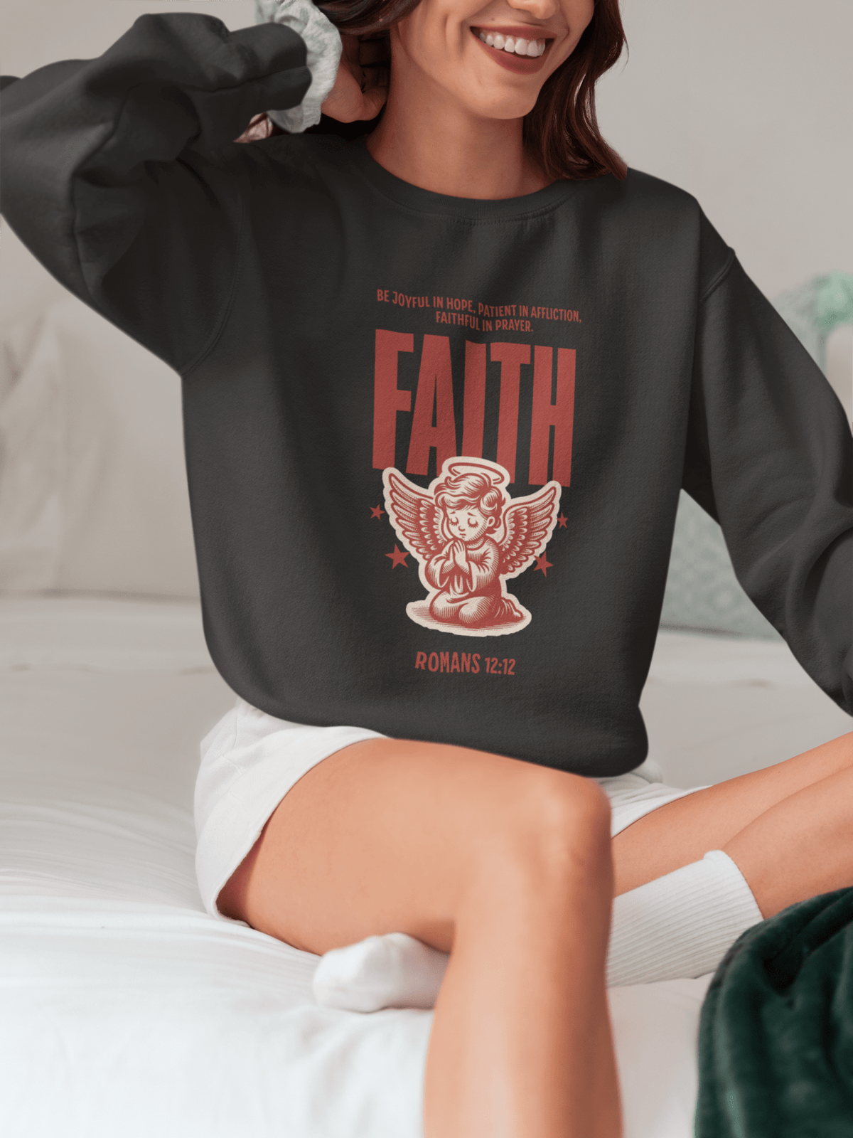 ⭐ Romans 12:12 Angel Faith Sweatshirt – Be Joyful, Patient, and Faithful | sweatshirts – GodSpeed Threads