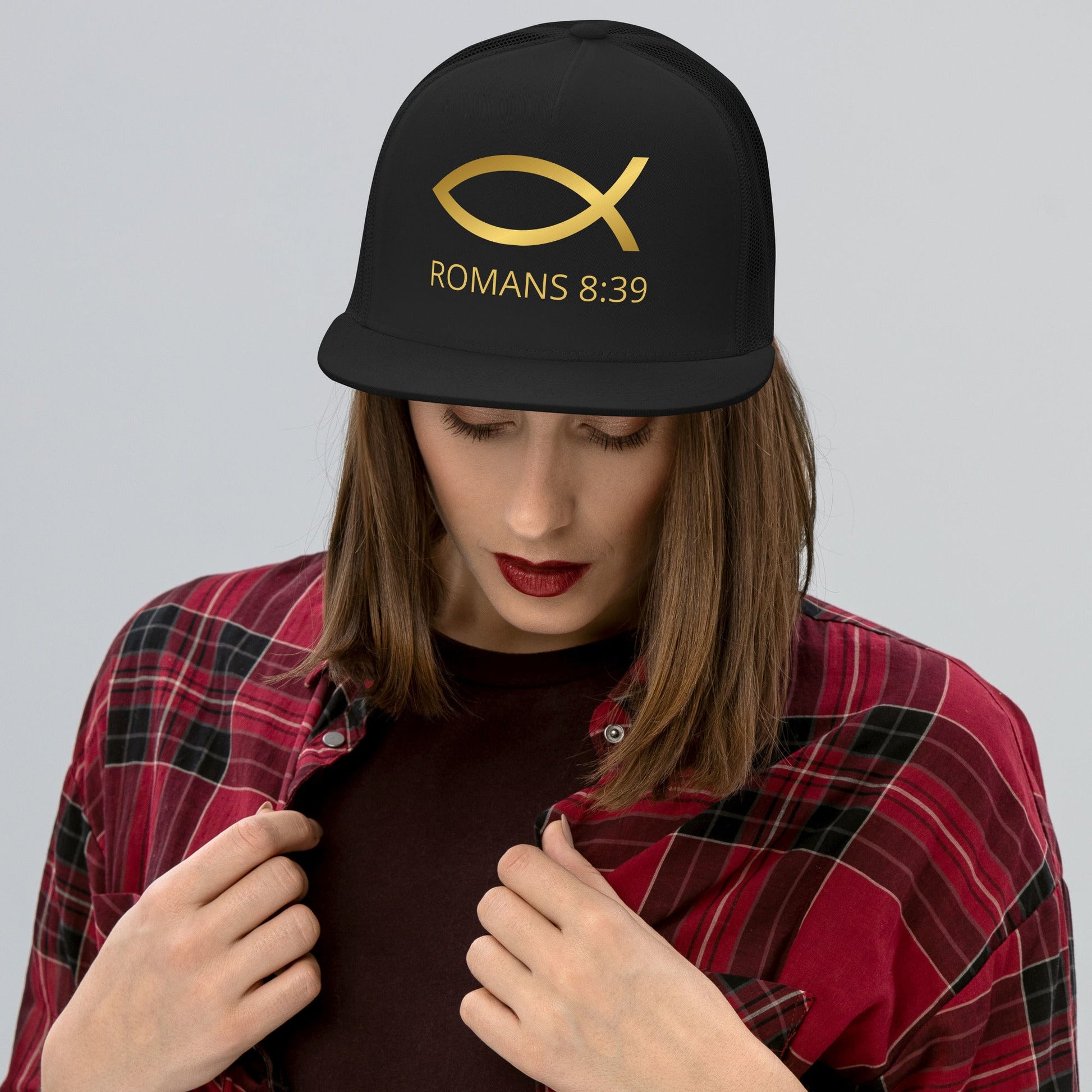 ⭐ Romans 8:39 Trucker Snapback Hat – Bold Faith Statement Cap | Hats – GodSpeed Threads