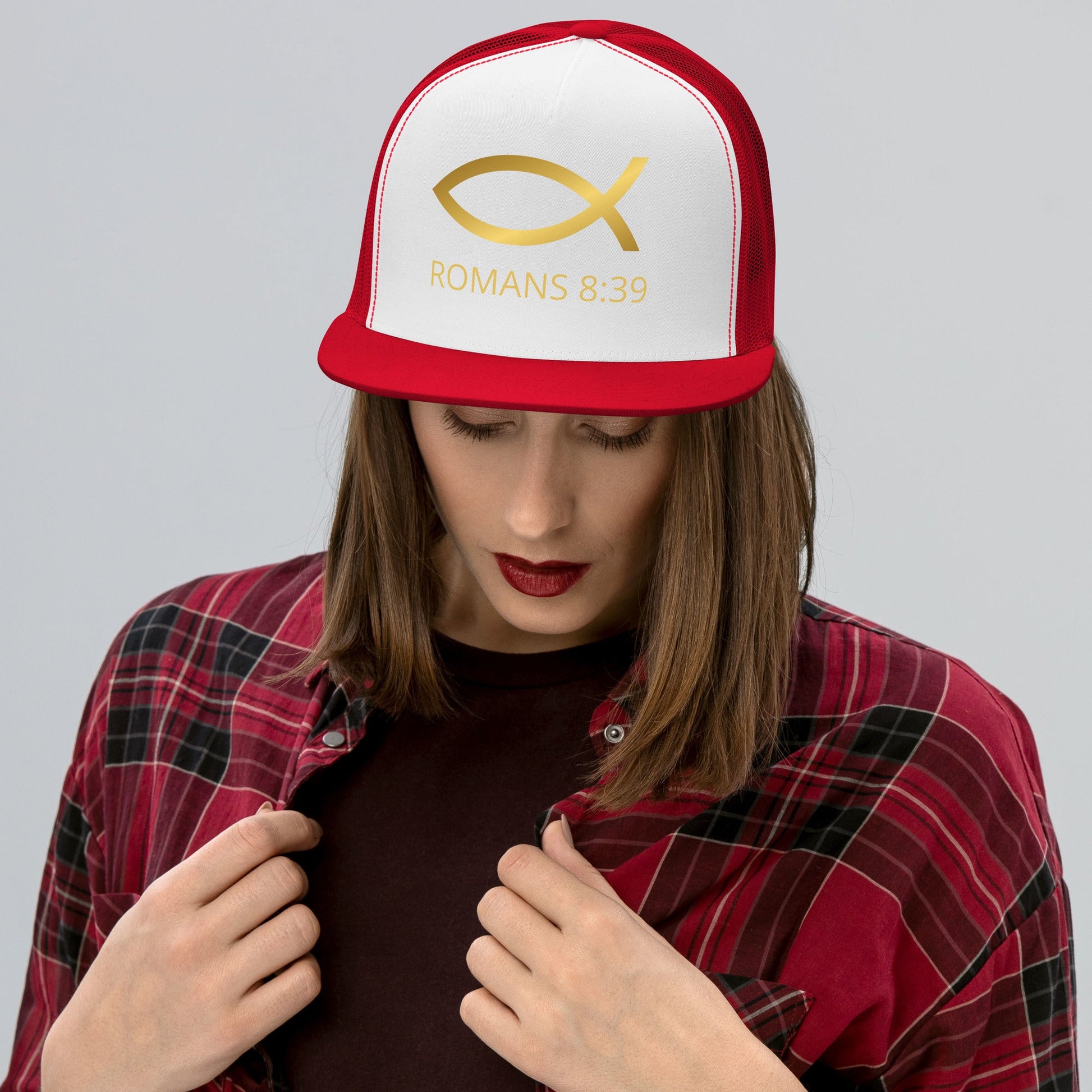 ⭐ Romans 8:39 Trucker Snapback Hat – Bold Faith Statement Cap | Hats – GodSpeed Threads
