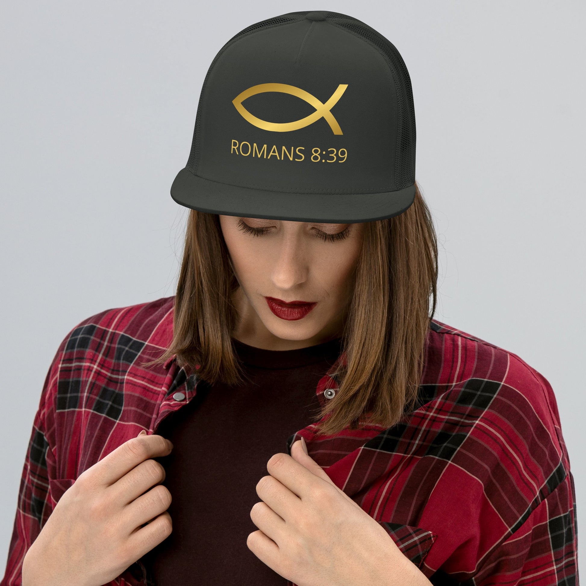 ⭐ Romans 8:39 Trucker Snapback Hat – Bold Faith Statement Cap | Hats – GodSpeed Threads