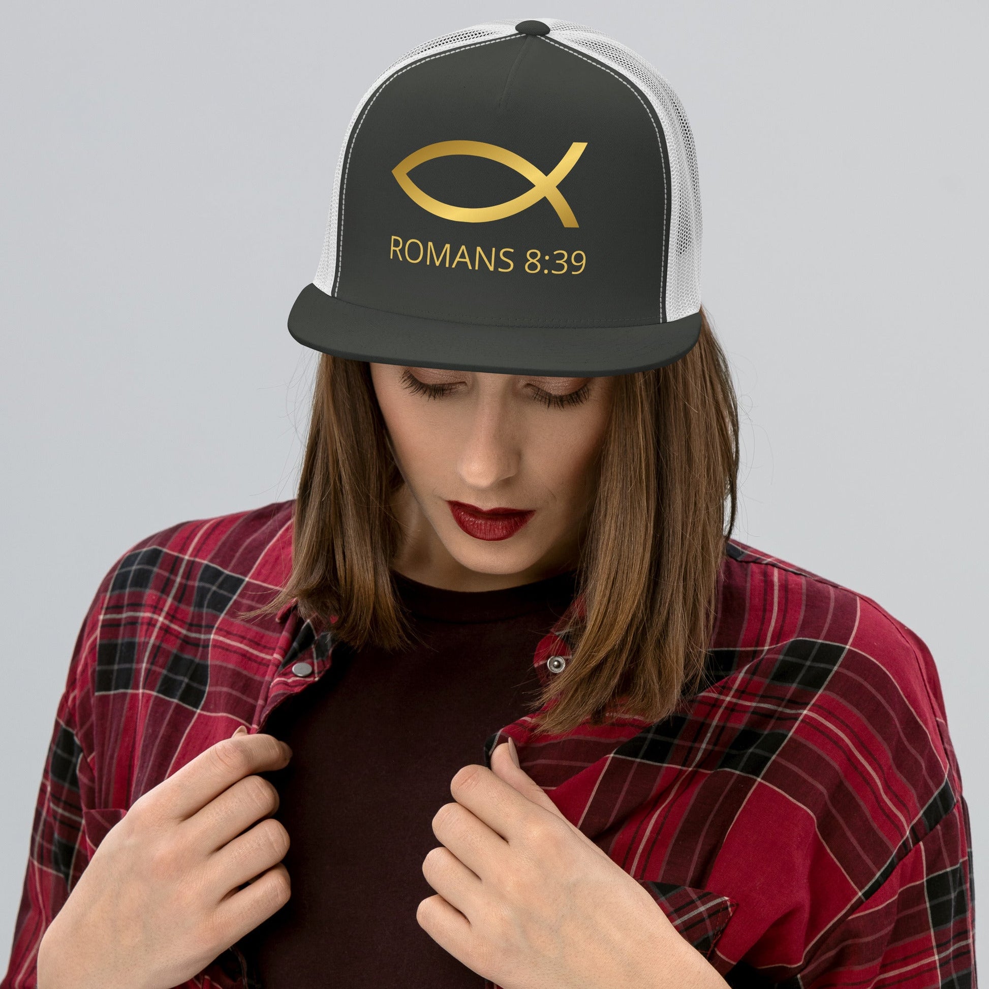 ⭐ Romans 8:39 Trucker Snapback Hat – Bold Faith Statement Cap | Hats – GodSpeed Threads