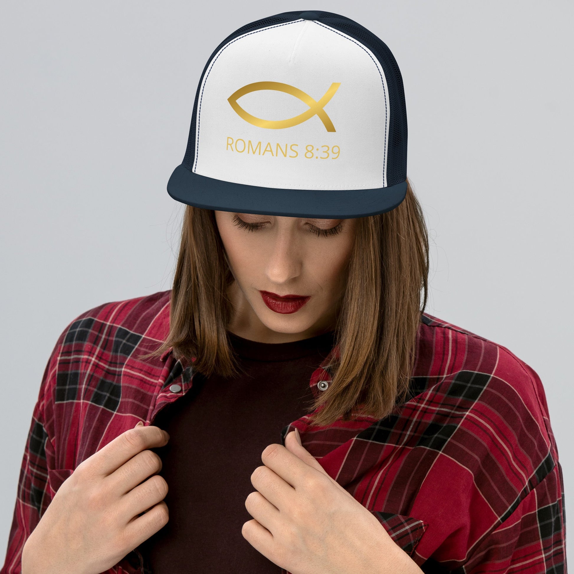 ⭐ Romans 8:39 Trucker Snapback Hat – Bold Faith Statement Cap | Hats – GodSpeed Threads