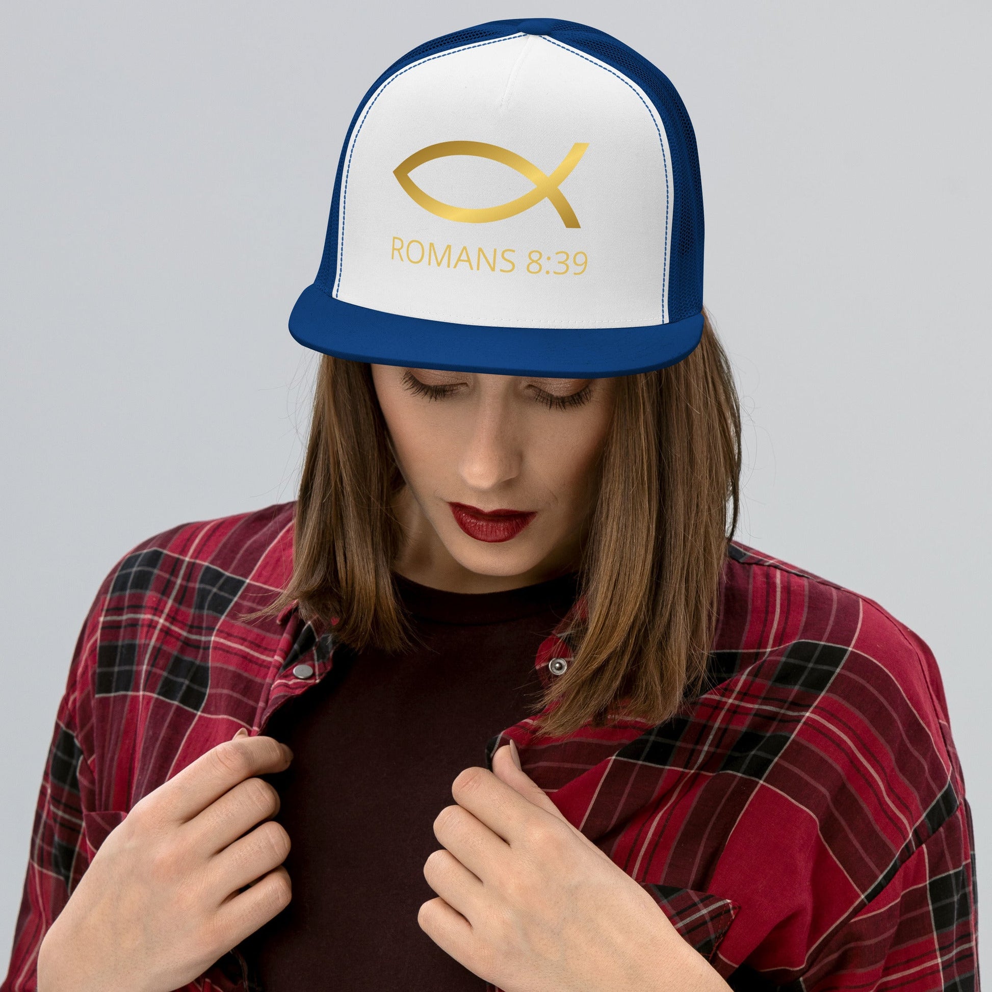 ⭐ Romans 8:39 Trucker Snapback Hat – Bold Faith Statement Cap | Hats – GodSpeed Threads