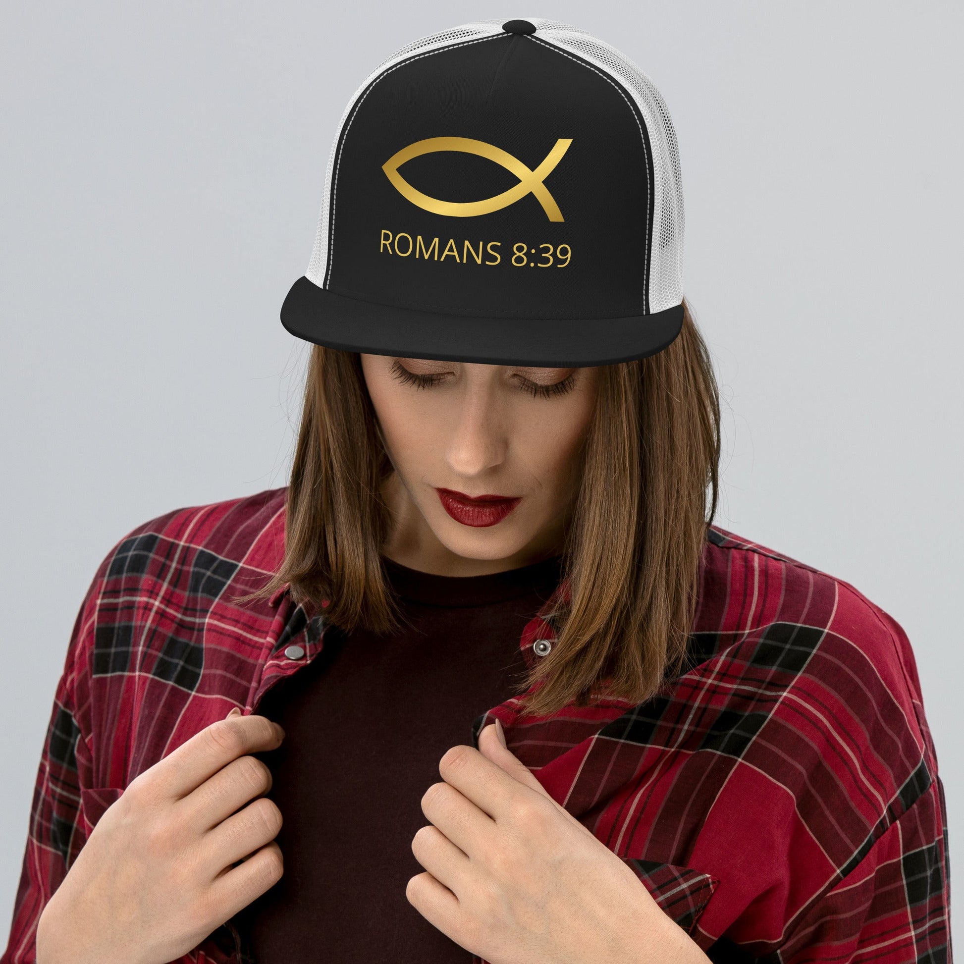 ⭐ Romans 8:39 Trucker Snapback Hat – Bold Faith Statement Cap | Hats – GodSpeed Threads
