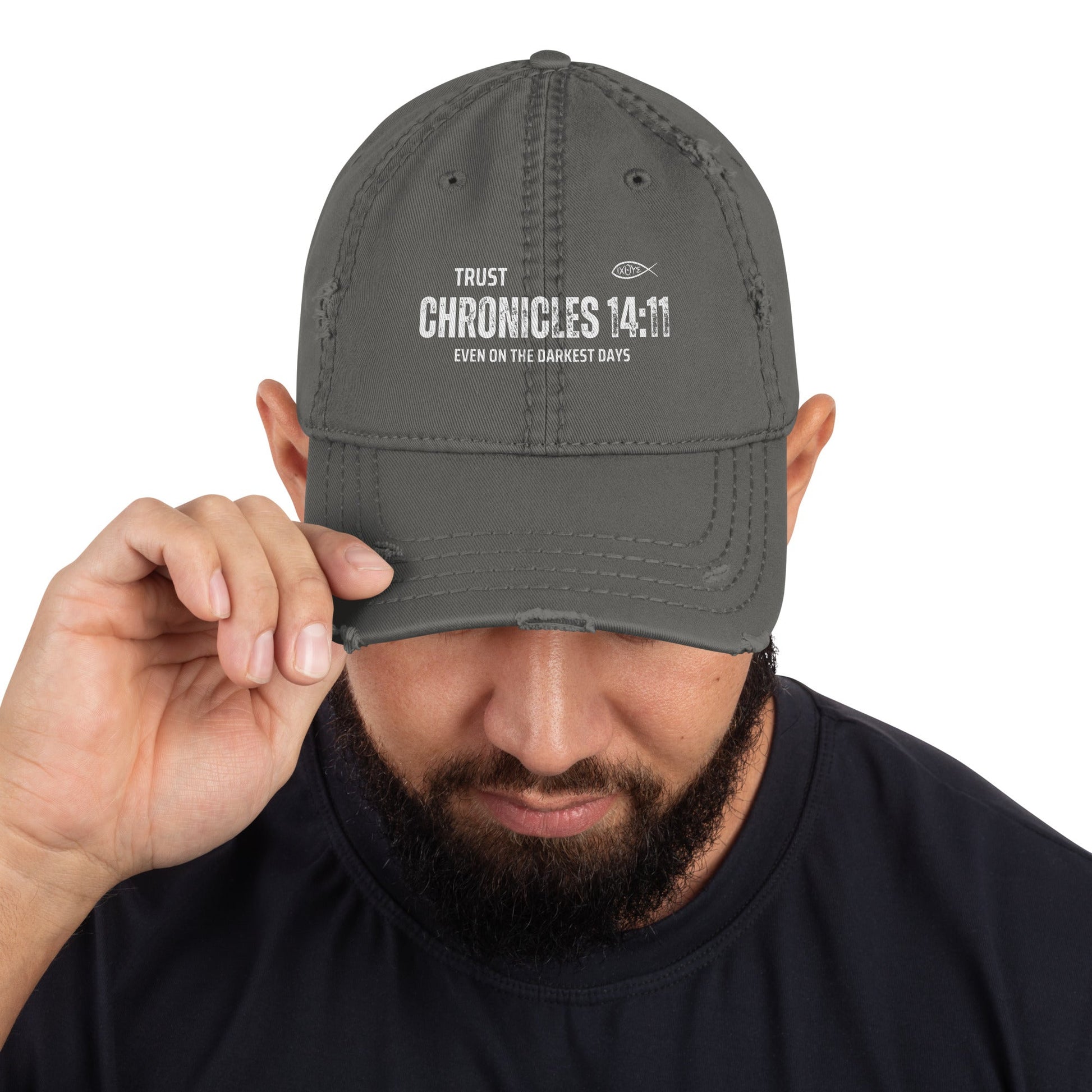 🧢 Trust Chronicles 14:11 “Even on the Darkest Days” Distressed Dad Hat – Faith - Inspired Streetwear | Hats – GodSpeed Threads