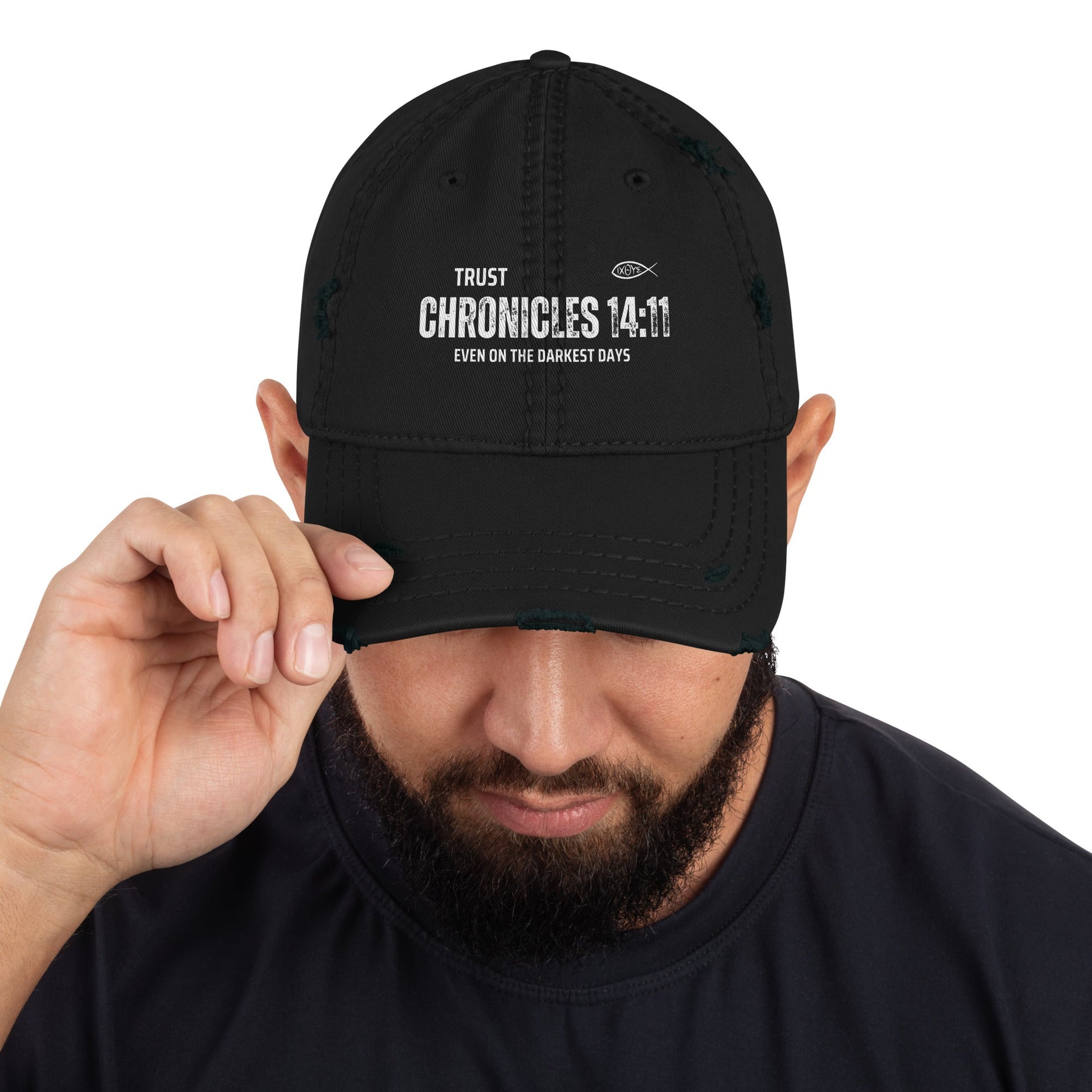 🧢 Trust Chronicles 14:11 “Even on the Darkest Days” Distressed Dad Hat – Faith - Inspired Streetwear | Hats – GodSpeed Threads