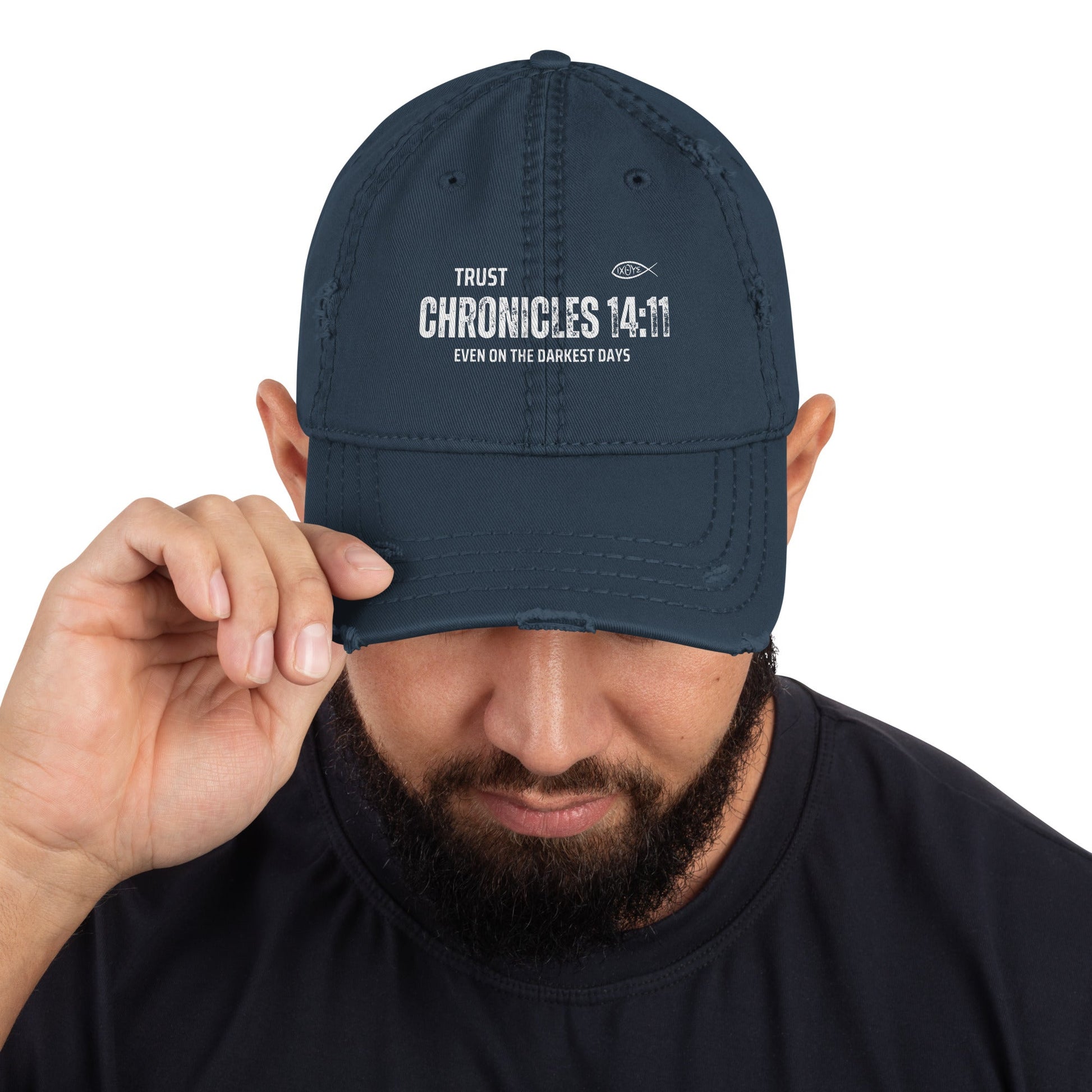 🧢 Trust Chronicles 14:11 “Even on the Darkest Days” Distressed Dad Hat – Faith - Inspired Streetwear | Hats – GodSpeed Threads
