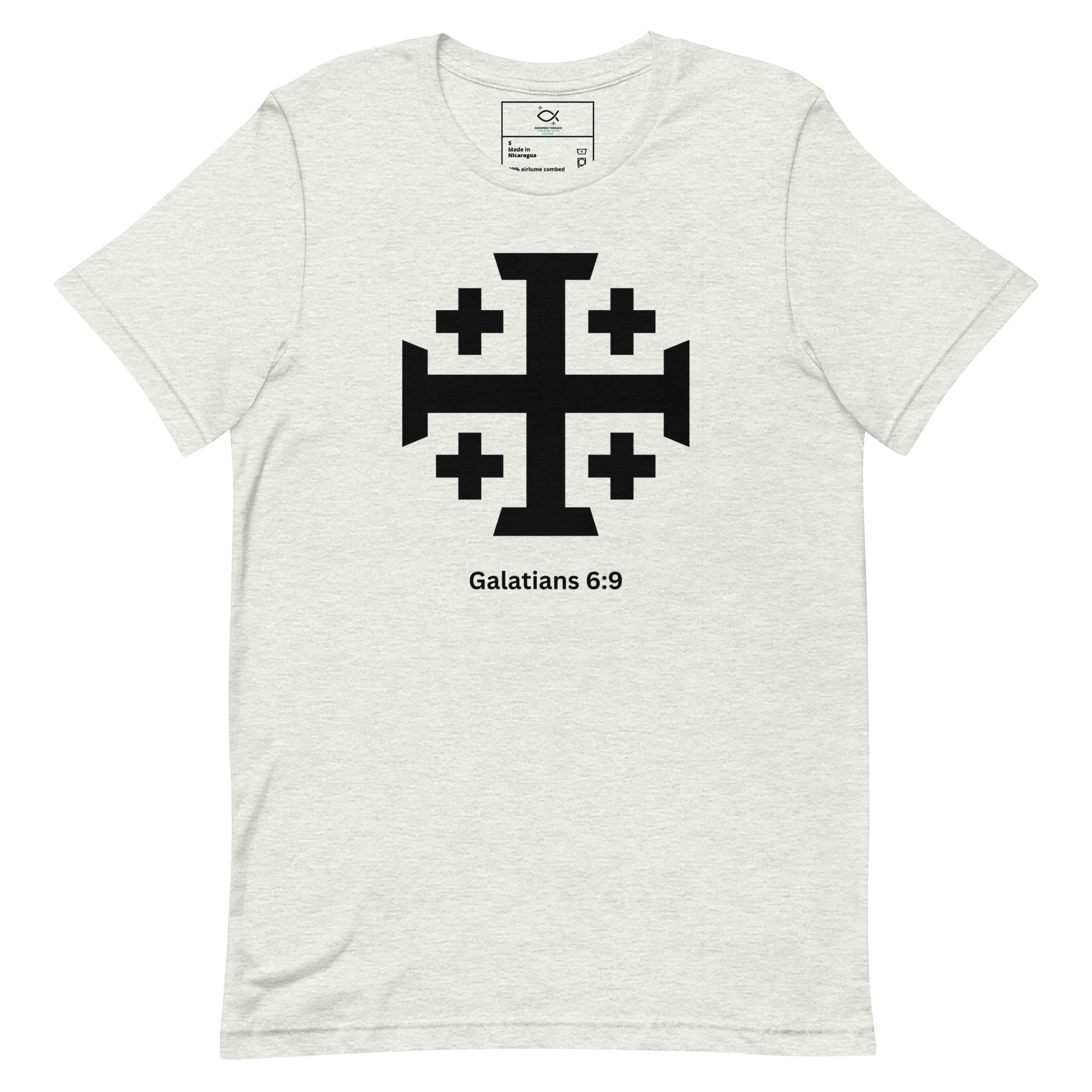 "Unisex t-shirt with Jerusalem cross and Galatians 6:9 Bible verse design"