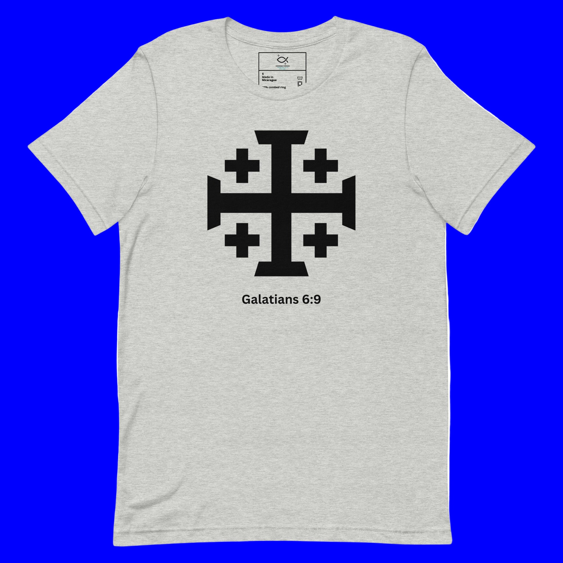 "Unisex t-shirt with Jerusalem cross and Galatians 6:9 Bible verse design"