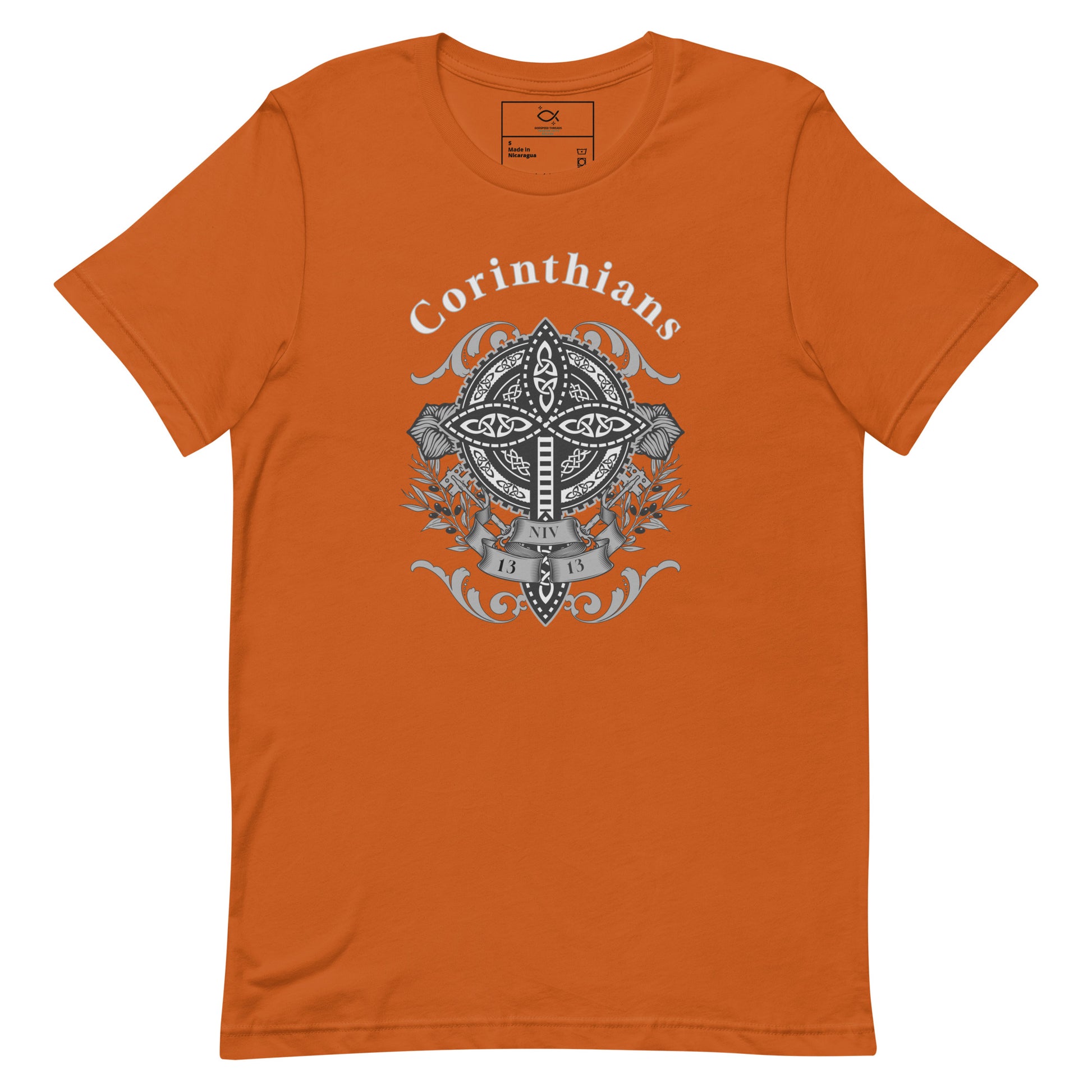 Unisex t-shirt with Corinthians cross and shield graphic design
