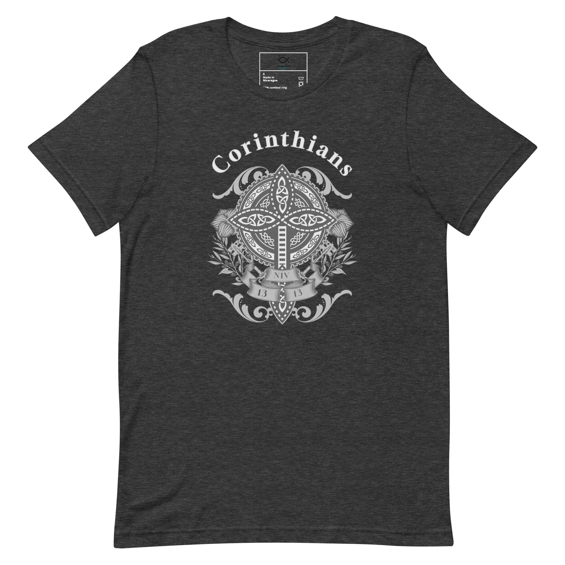 Unisex t-shirt with Corinthians cross and shield graphic design
