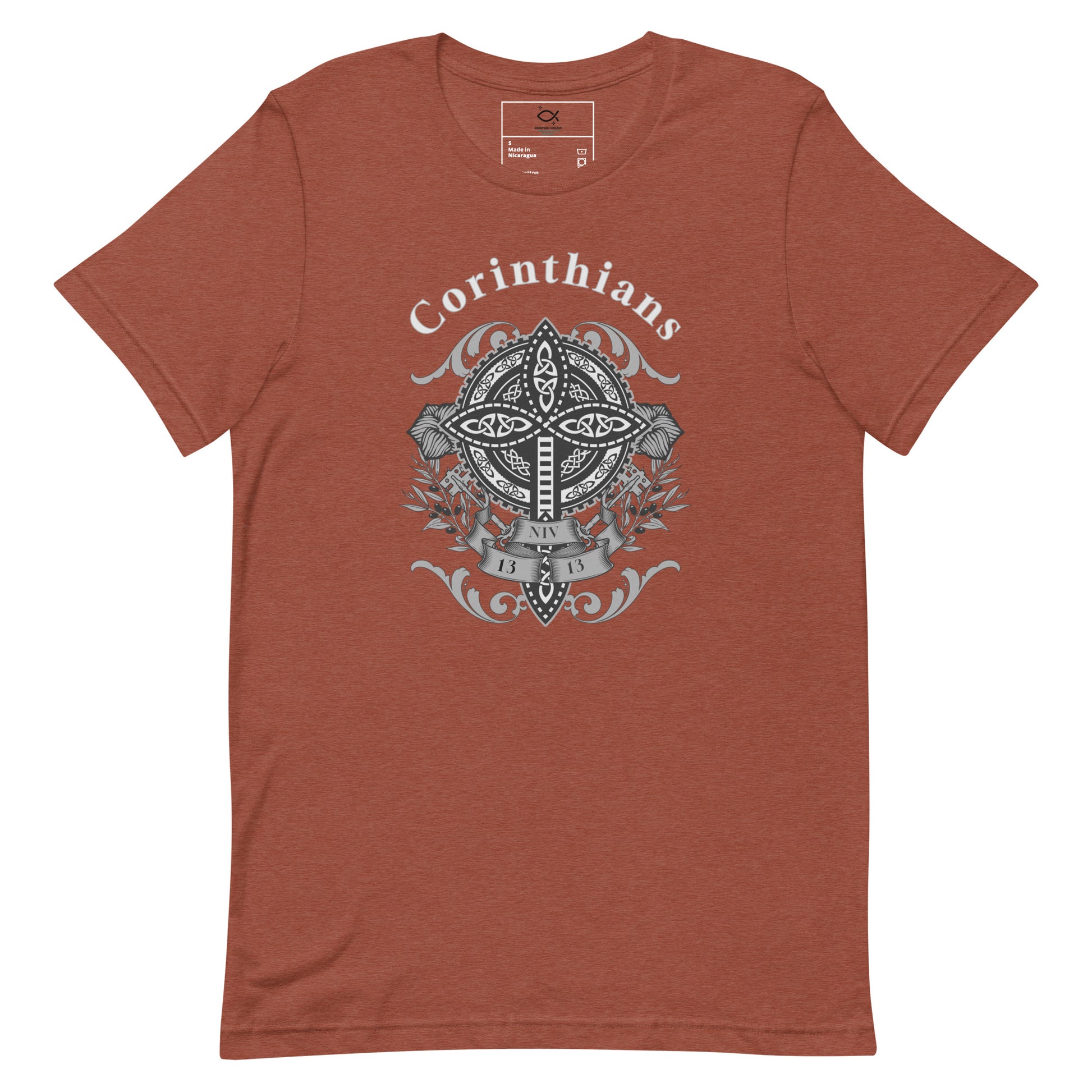 Unisex t-shirt with Corinthians cross and shield graphic design