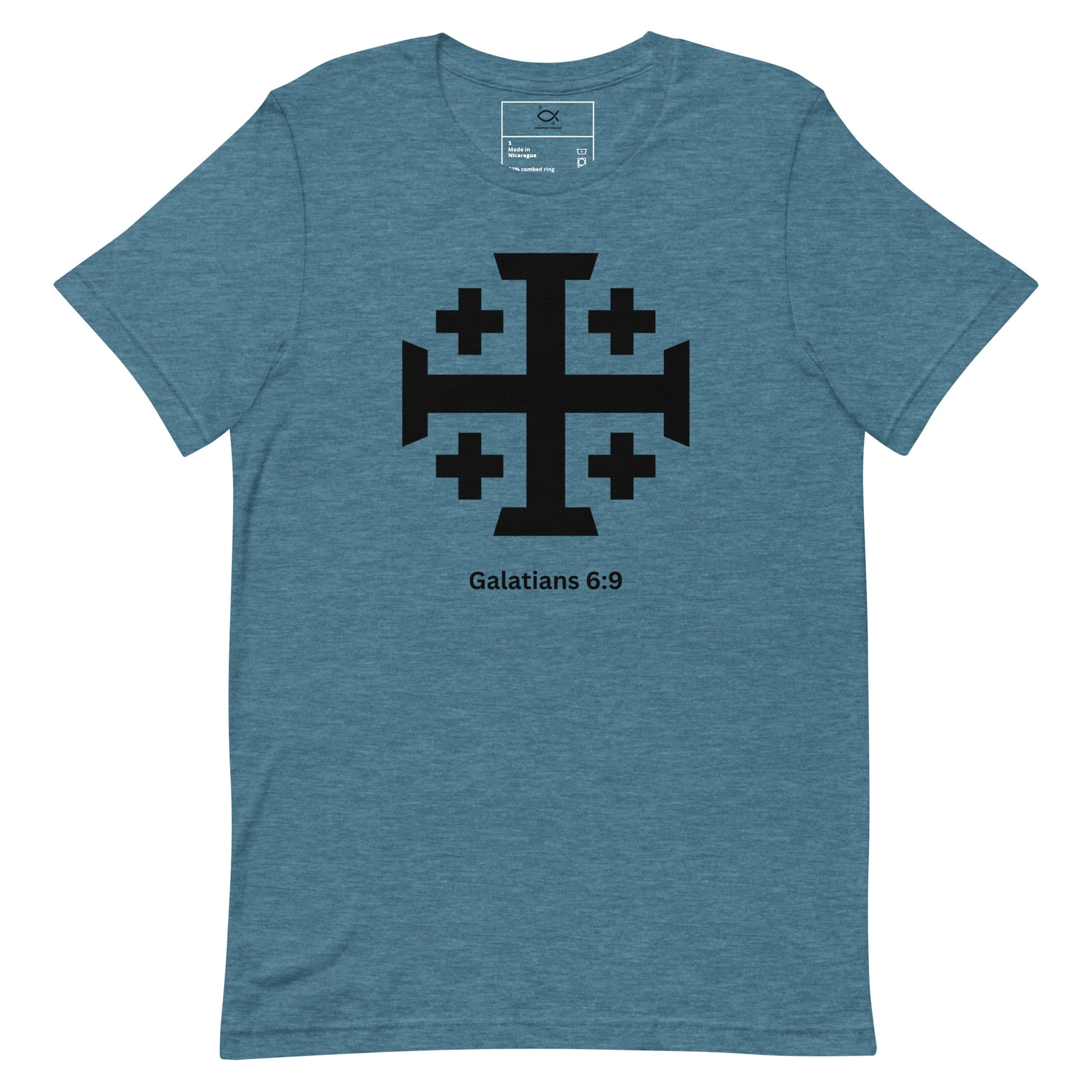 "Unisex t-shirt with Jerusalem cross and Galatians 6:9 Bible verse design"