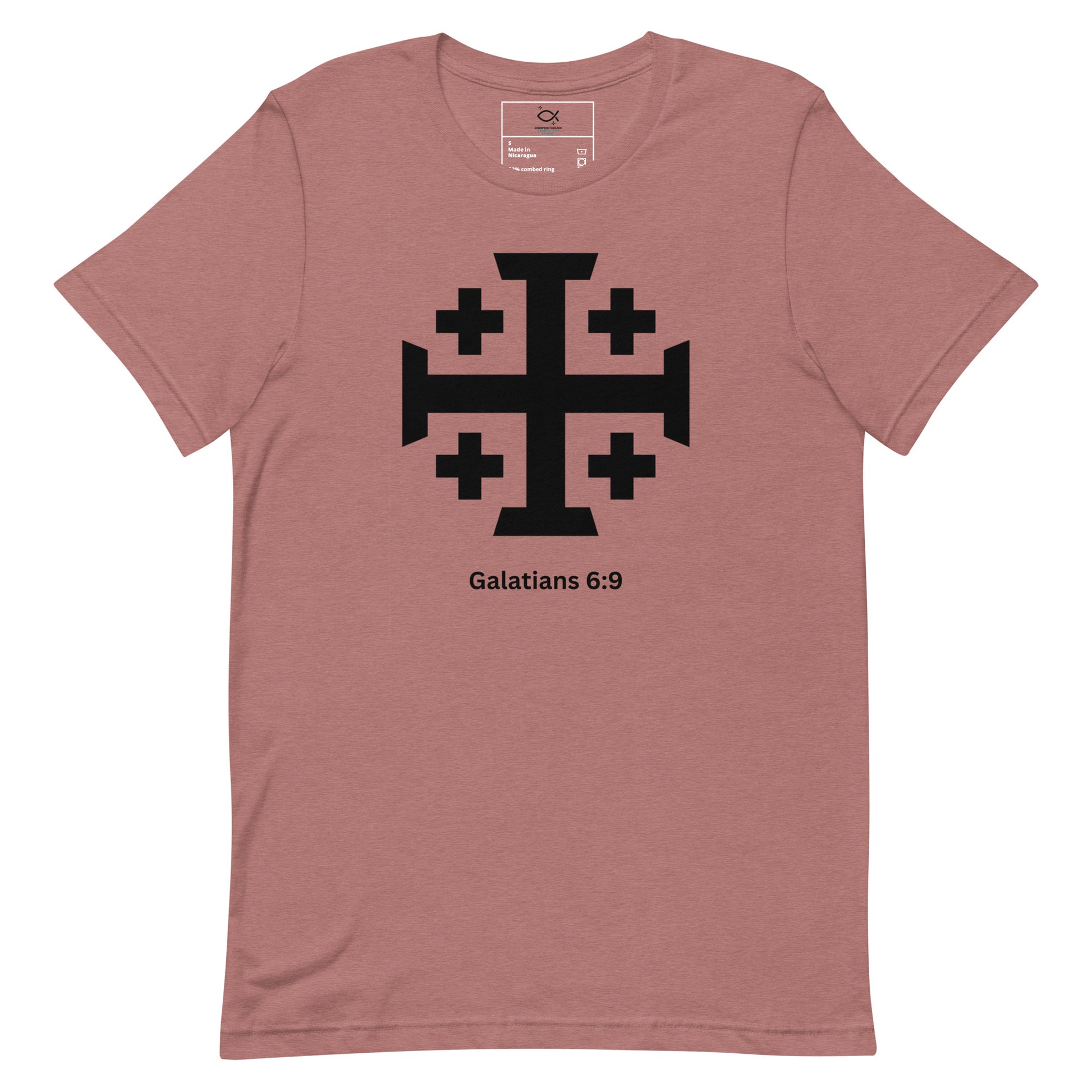 "Unisex t-shirt with Jerusalem cross and Galatians 6:9 Bible verse design"