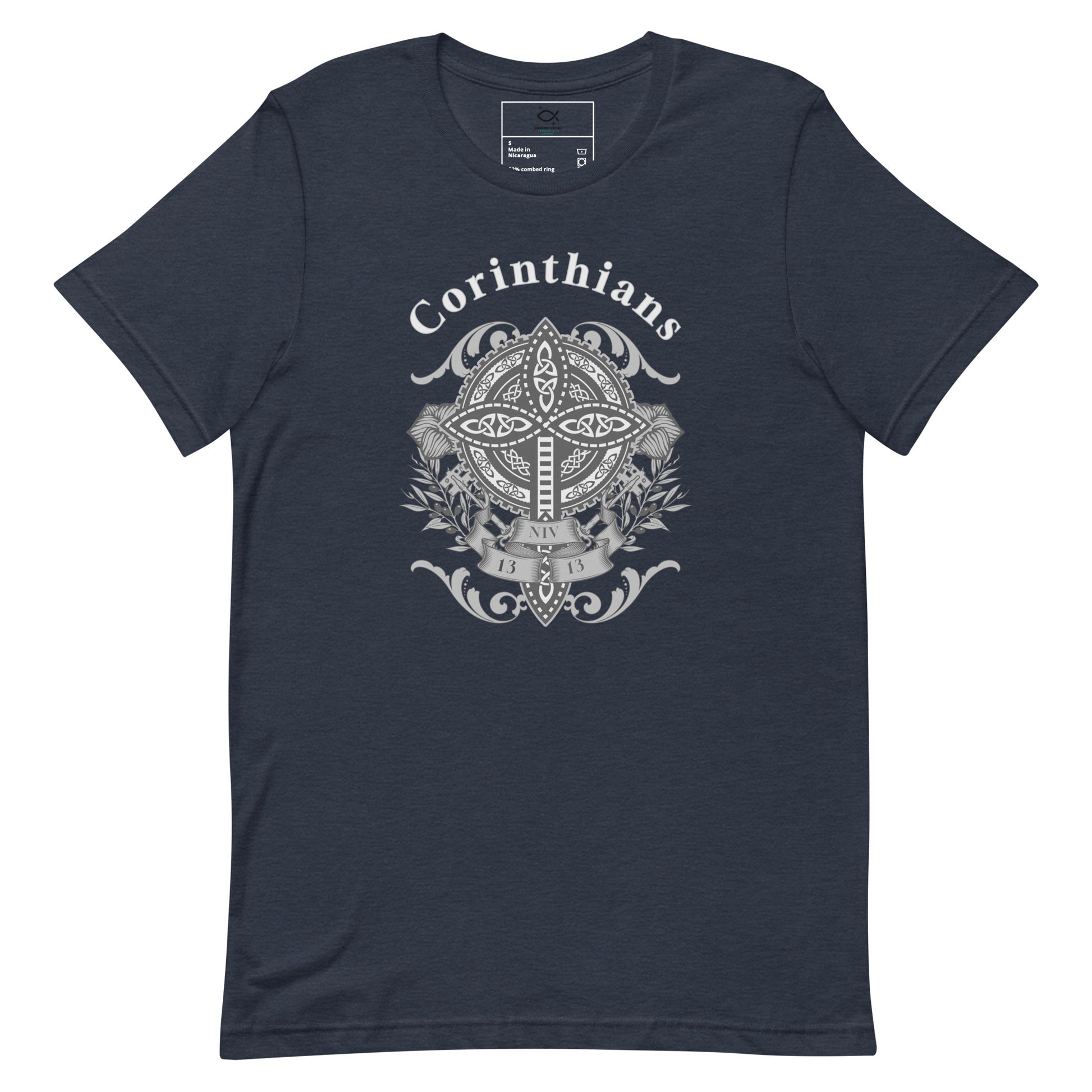 Unisex t-shirt with Corinthians cross and shield graphic design